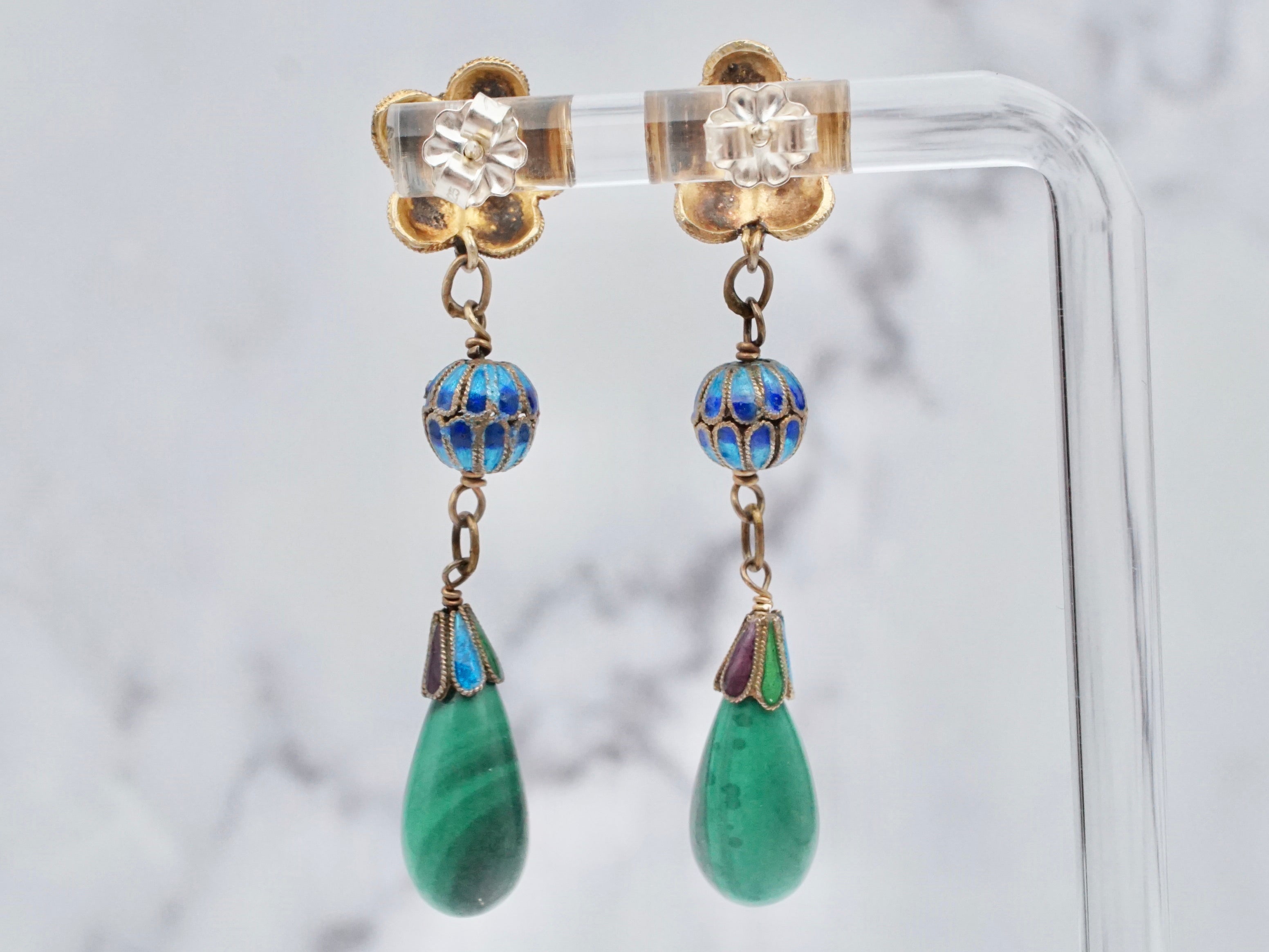 Vintage gilt sterling and Chinese cloisonné enamel malachite drop earrings