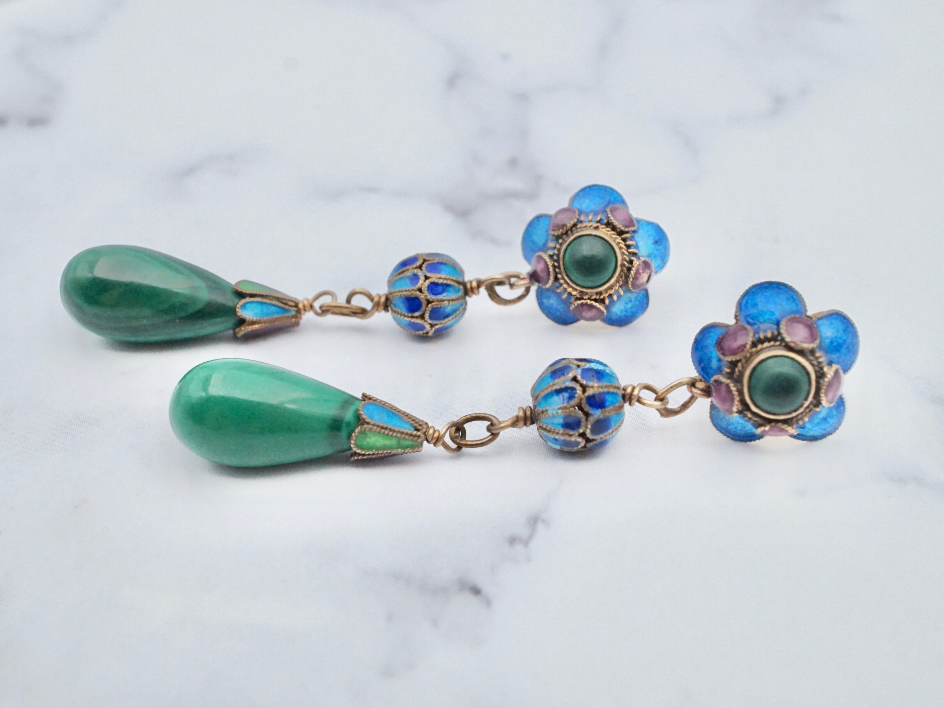 Vintage gilt sterling and Chinese cloisonné enamel malachite drop earrings