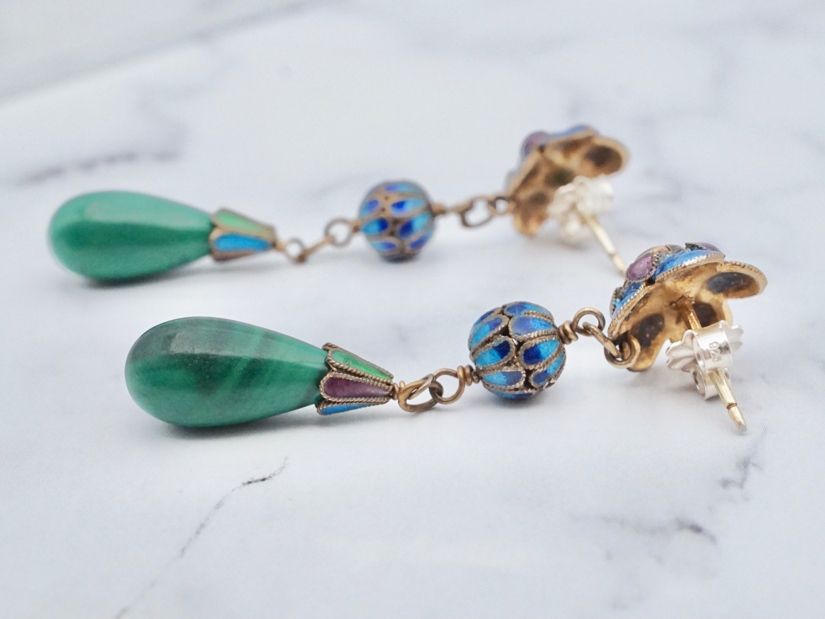 Vintage gilt sterling and Chinese cloisonné enamel malachite drop earrings