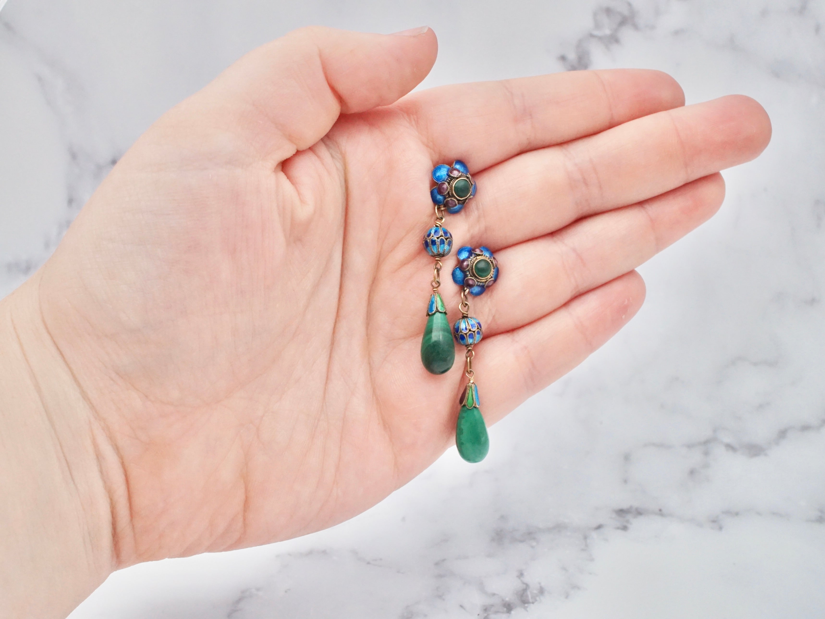 Vintage gilt sterling and Chinese cloisonné enamel malachite drop earrings