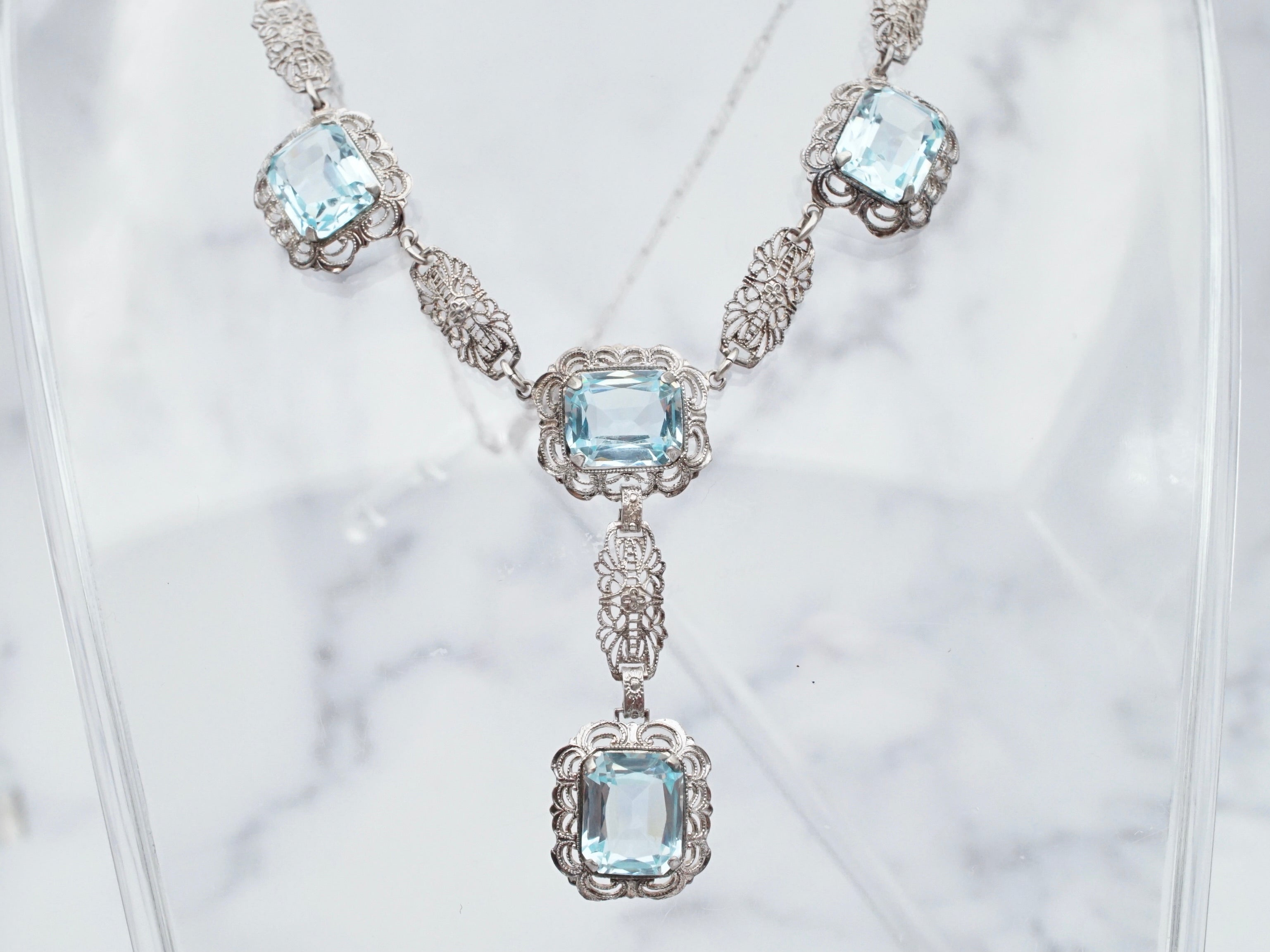 Antique art deco sterling filigree and glass necklace