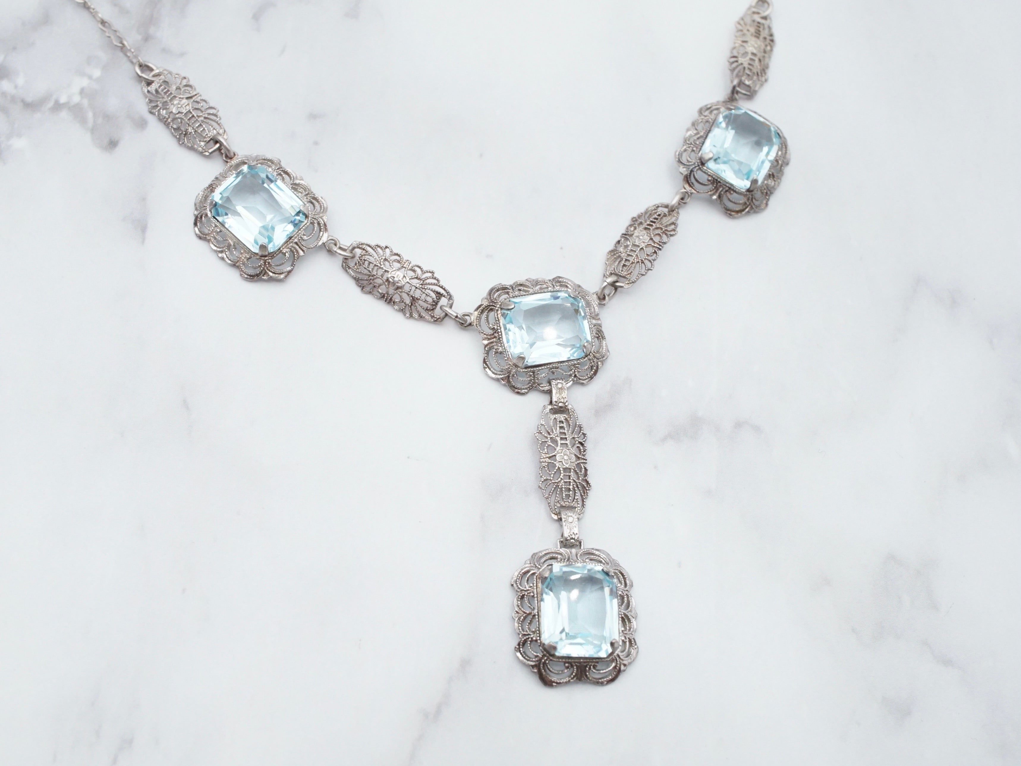 Antique art deco sterling filigree and glass necklace