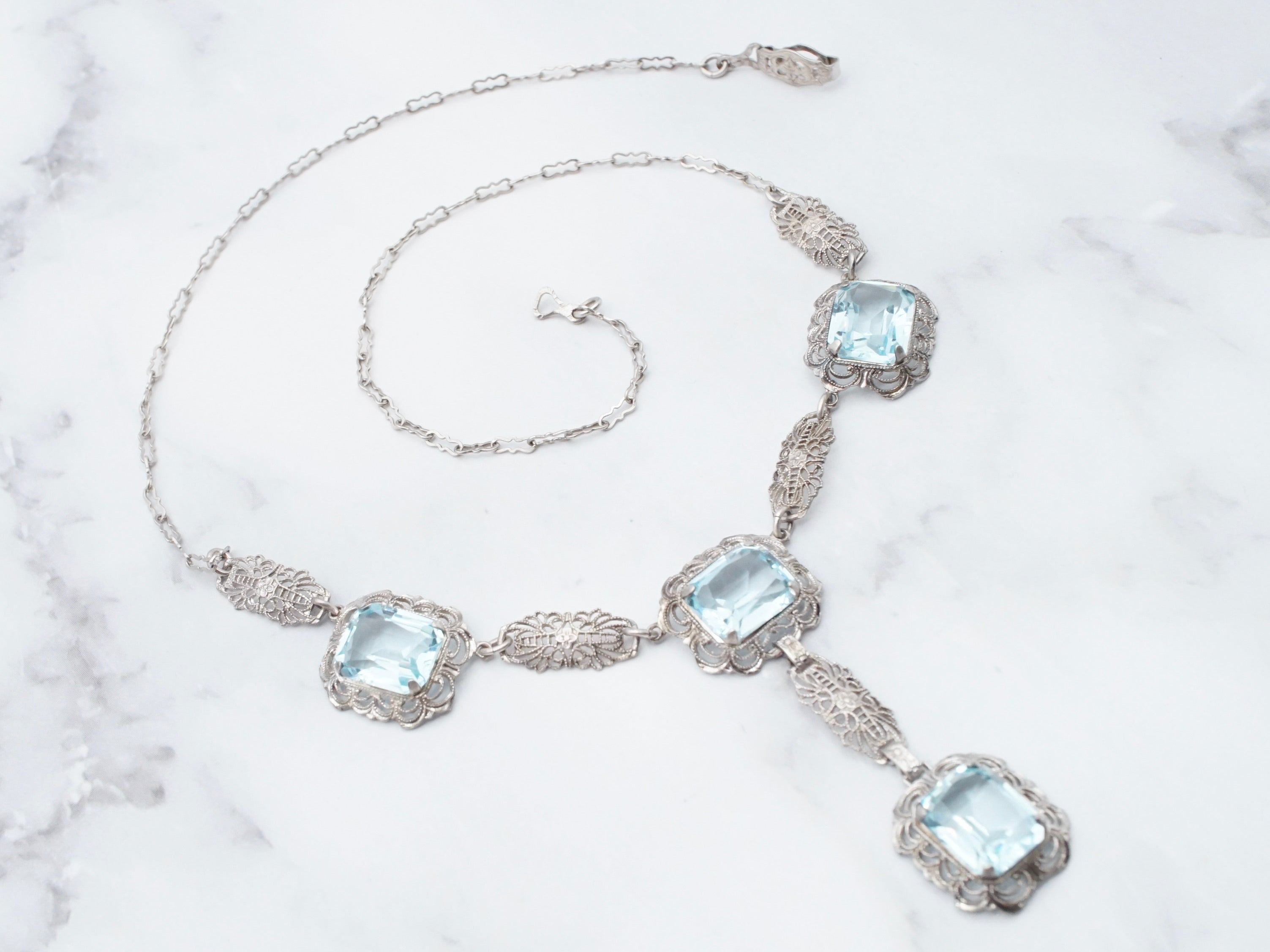 Antique art deco sterling filigree and glass necklace