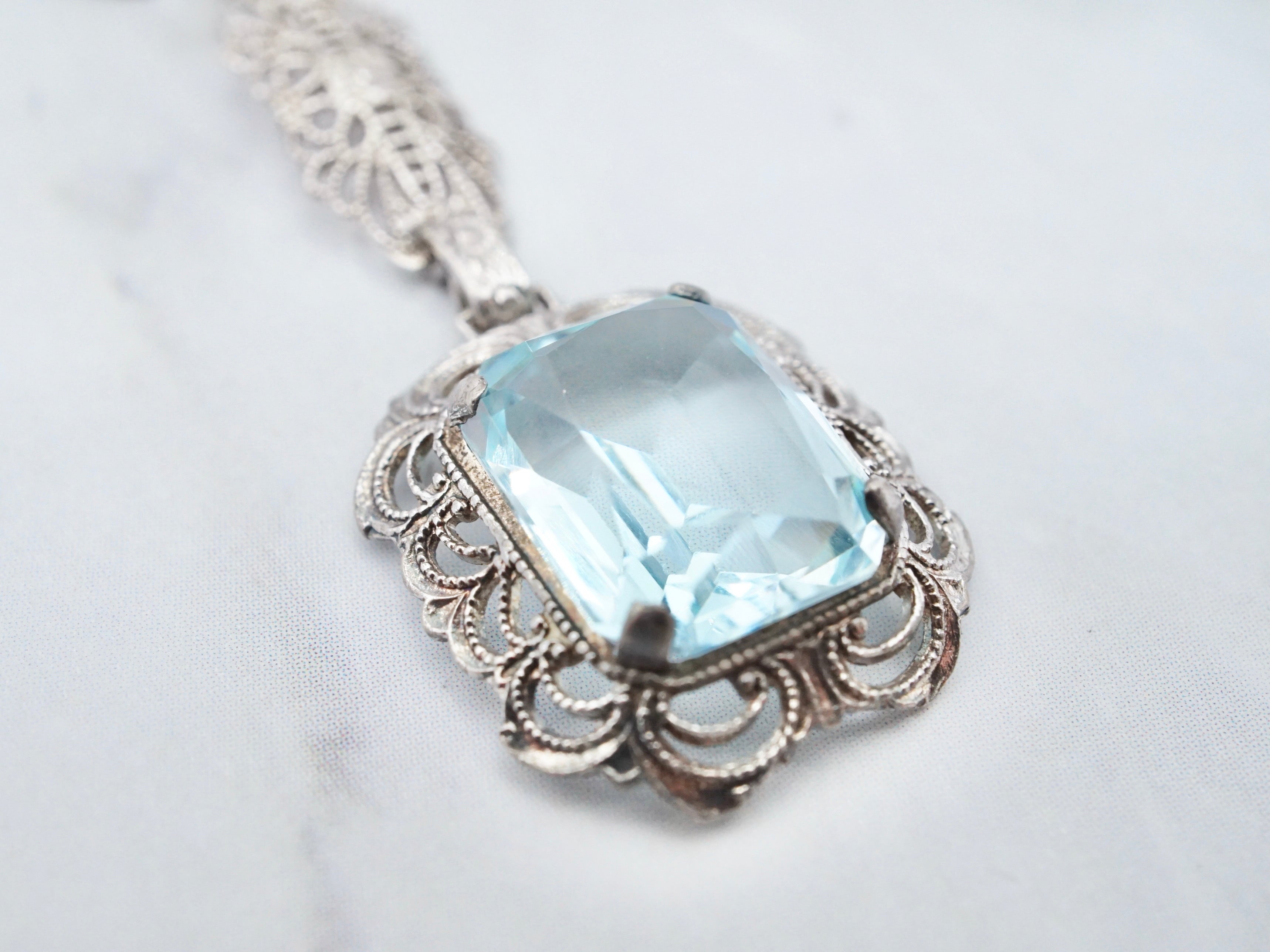 Antique art deco sterling filigree and glass necklace