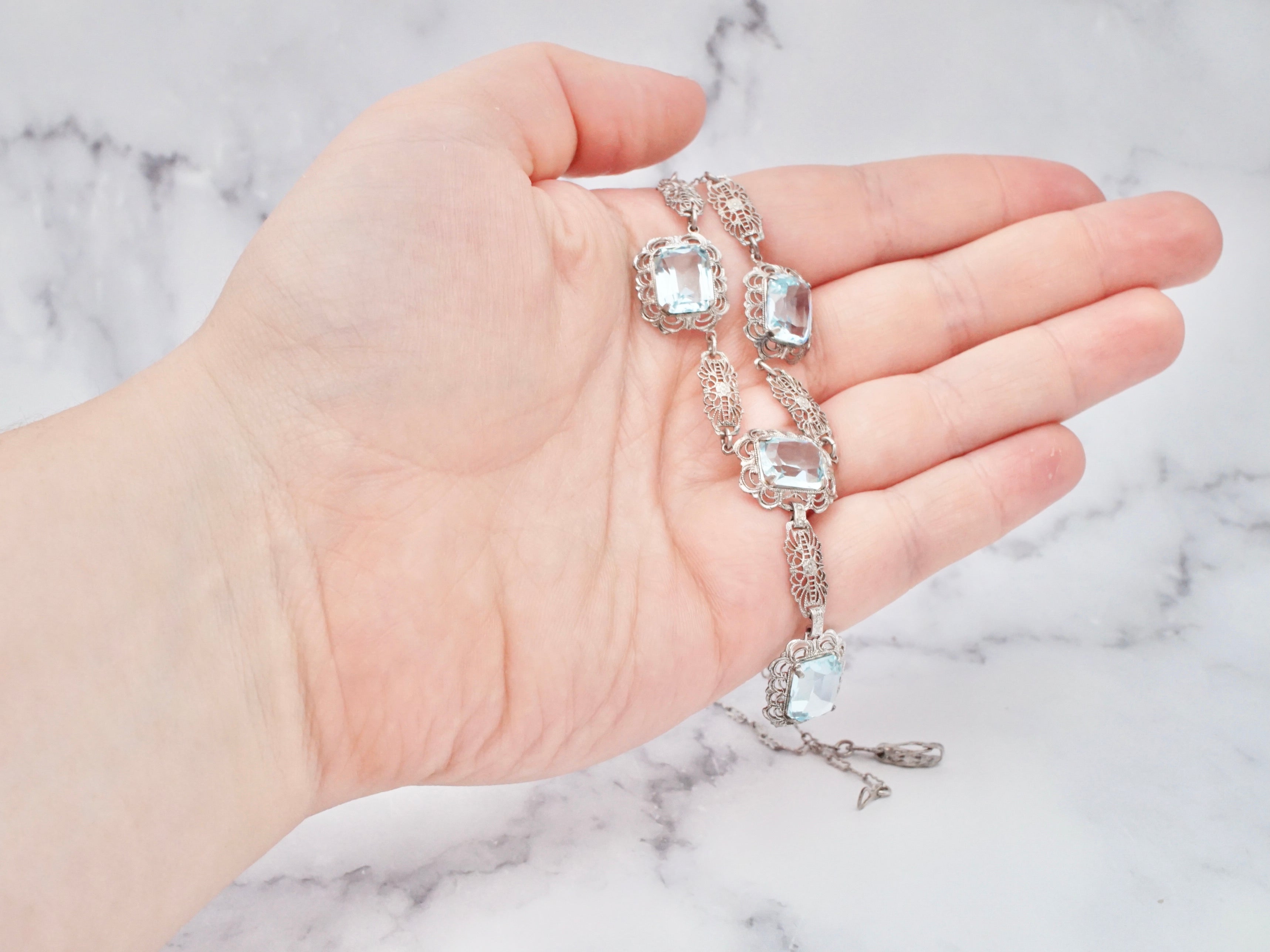 Antique art deco sterling filigree and glass necklace