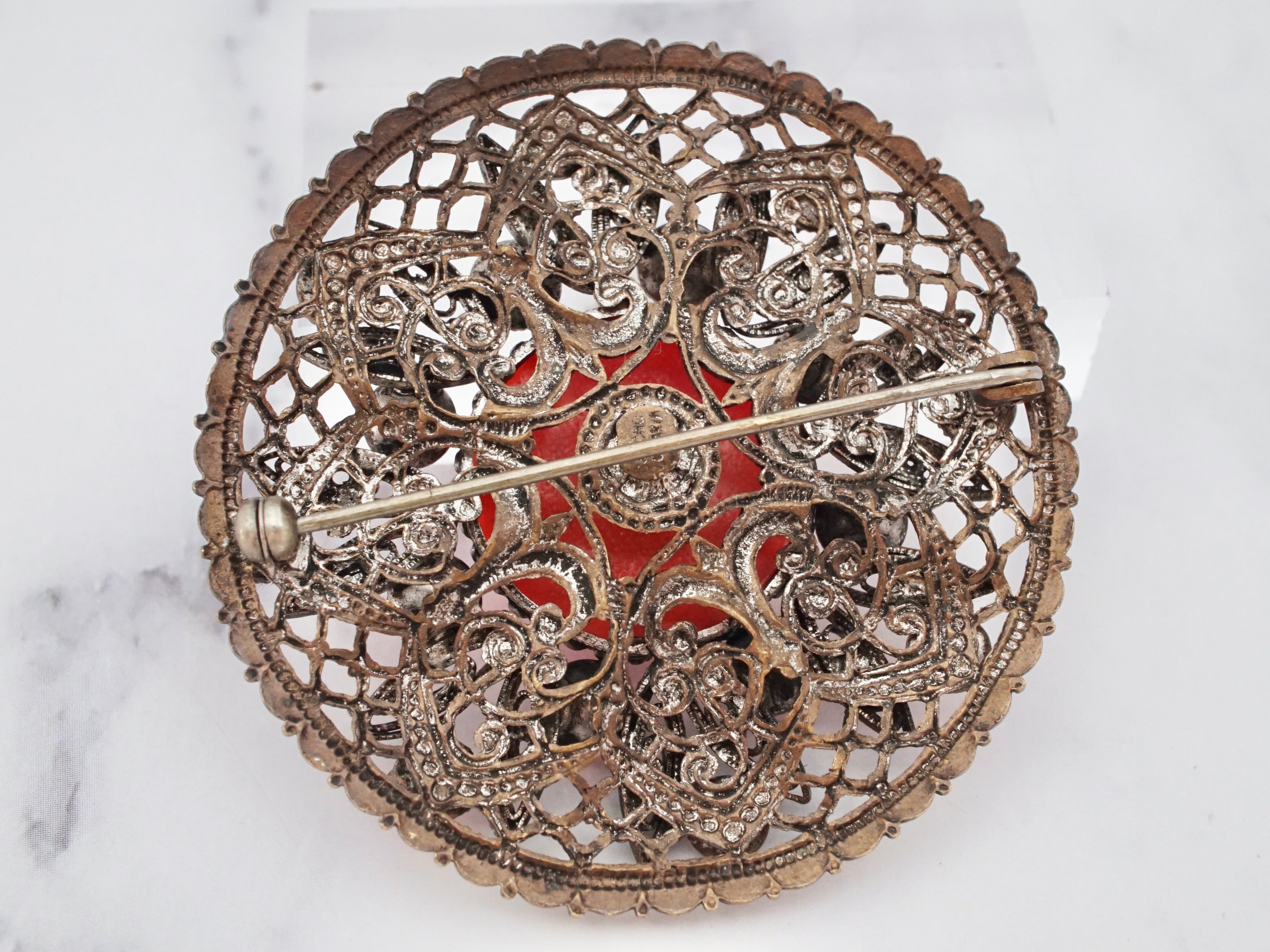 Antique Czech coral glass cabochon metal filigree brooch