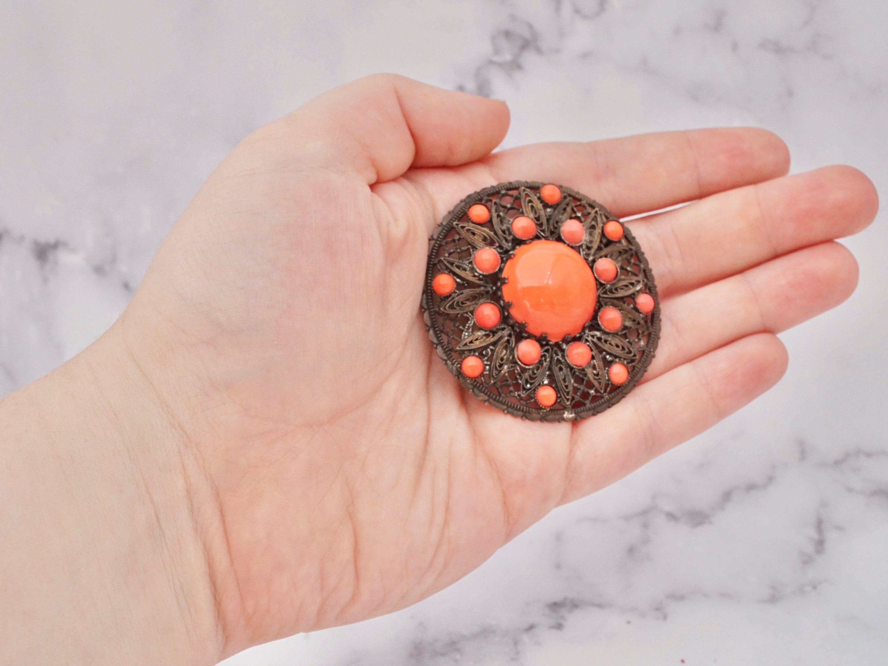 Antique Czech coral glass cabochon metal filigree brooch