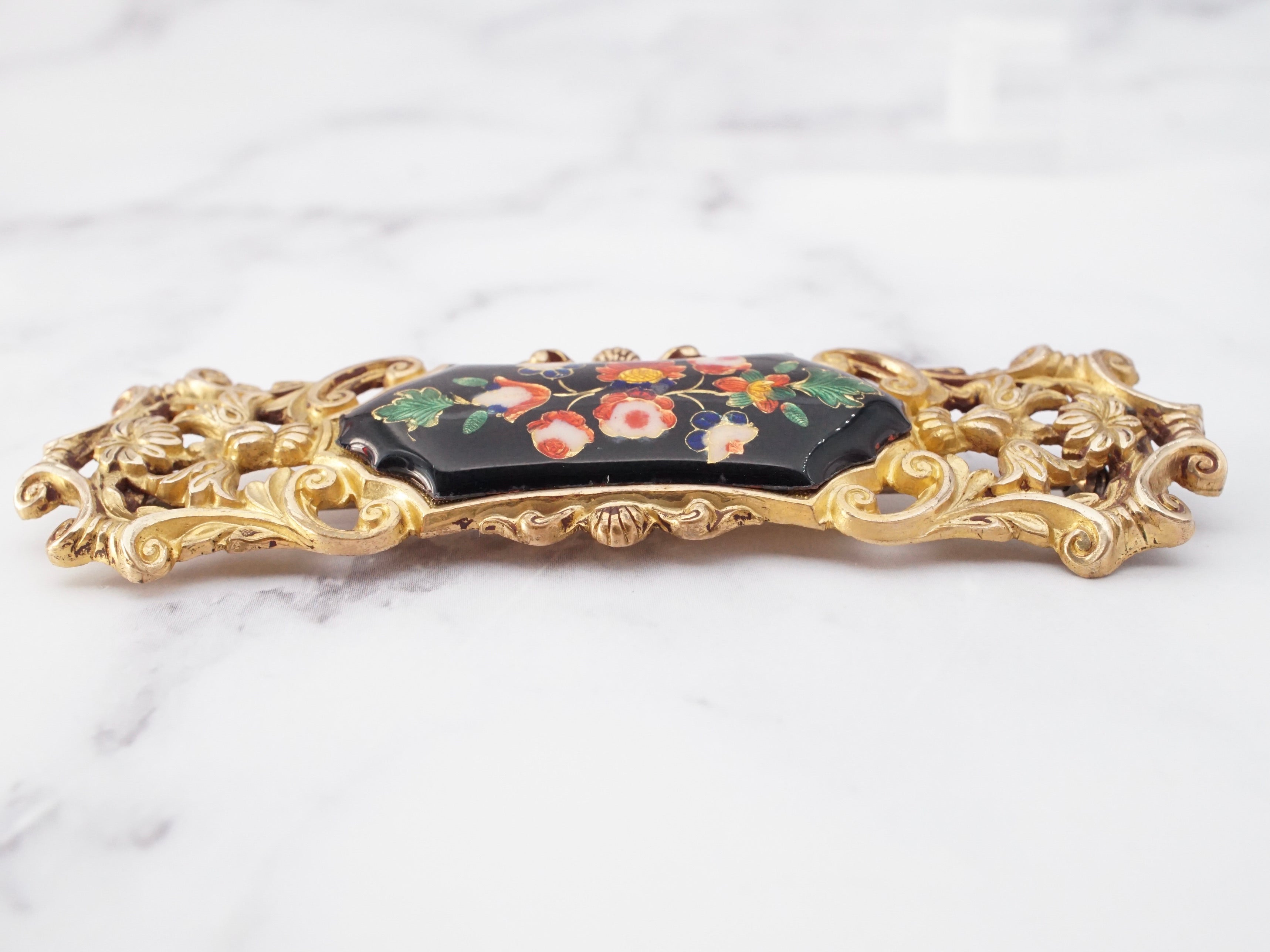 Large antique gilt and metallic cloisonne enamel plaque brooch