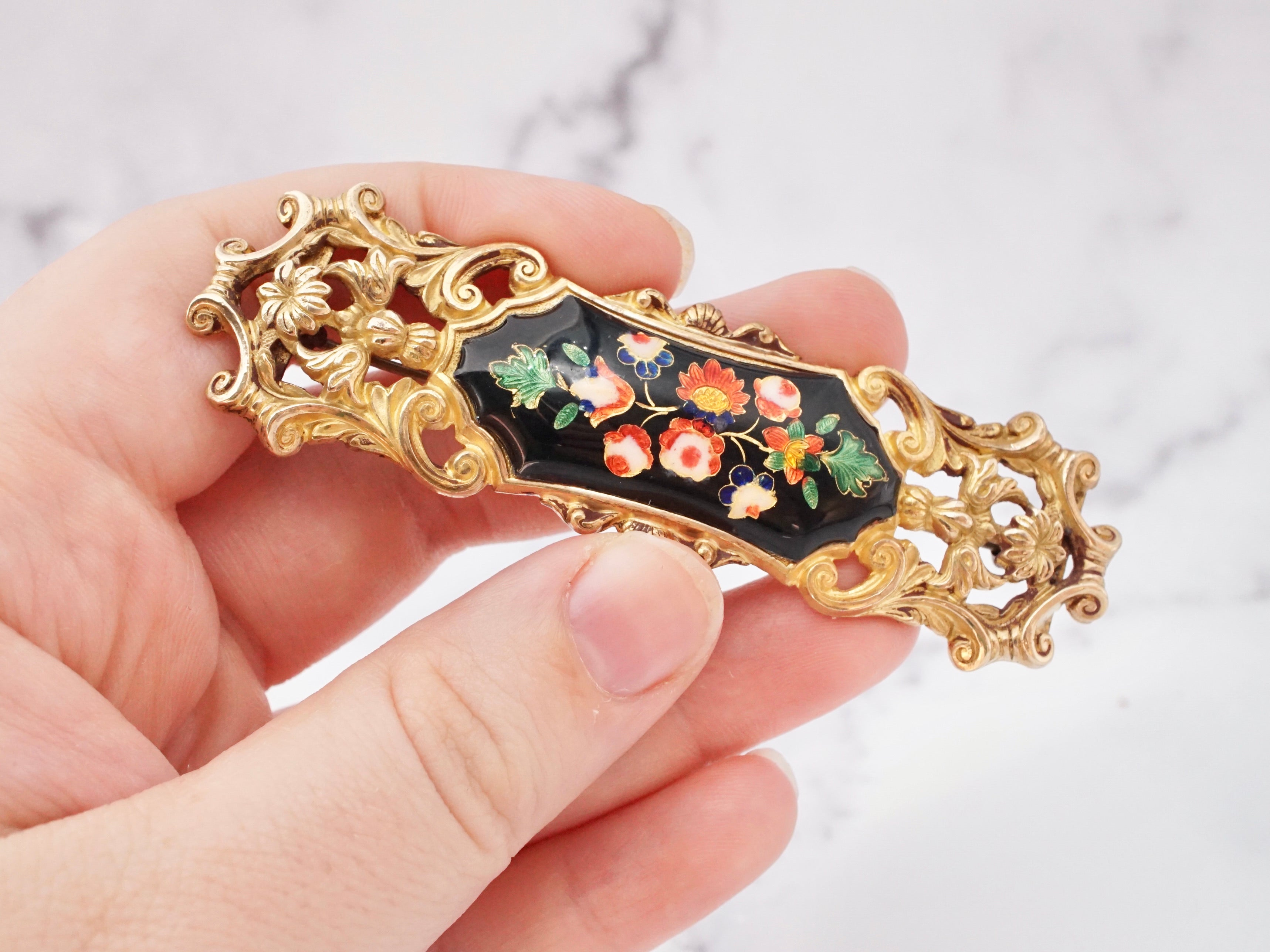 Large antique gilt and metallic cloisonne enamel plaque brooch