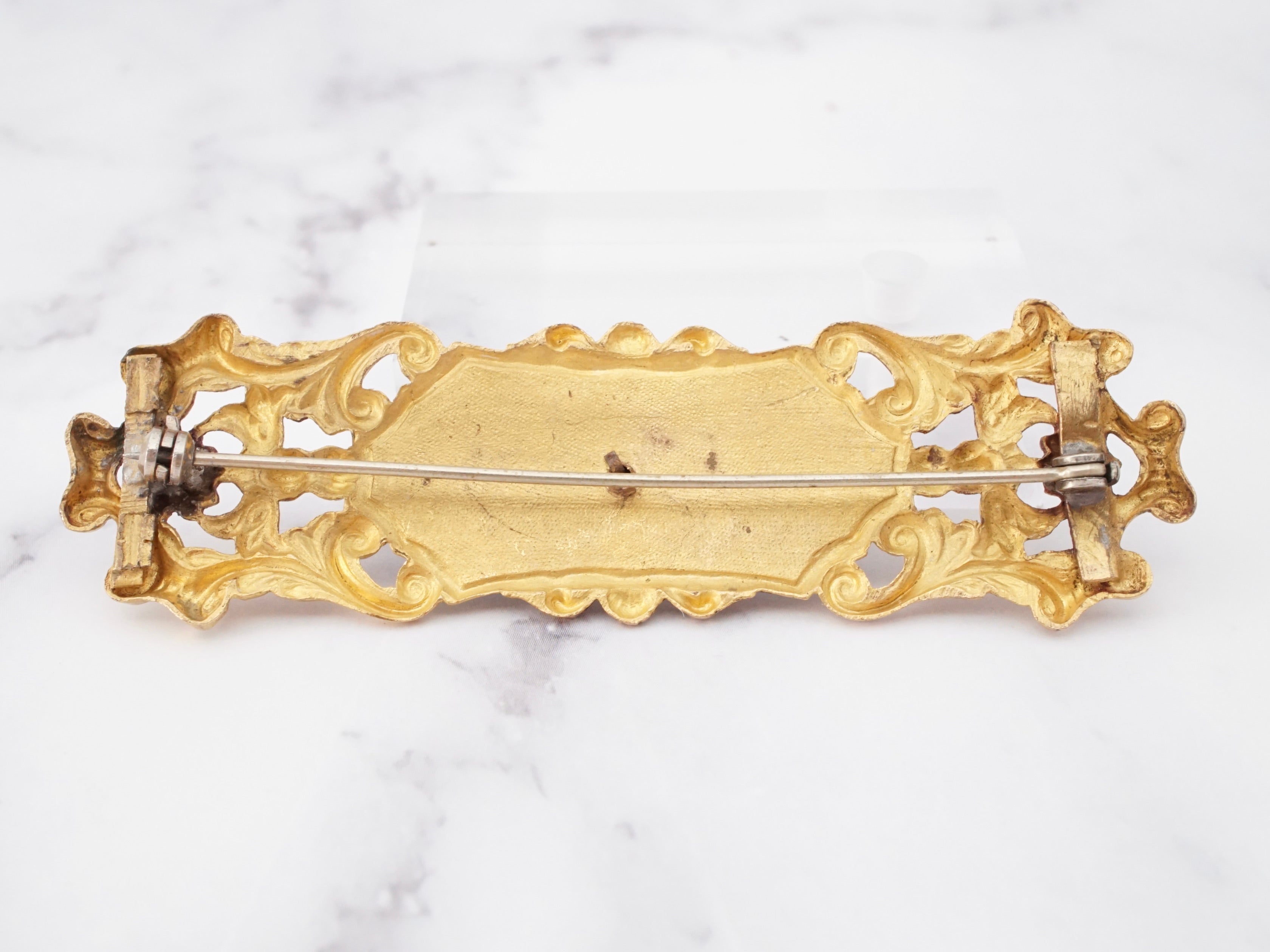 Large antique gilt and metallic cloisonne enamel plaque brooch