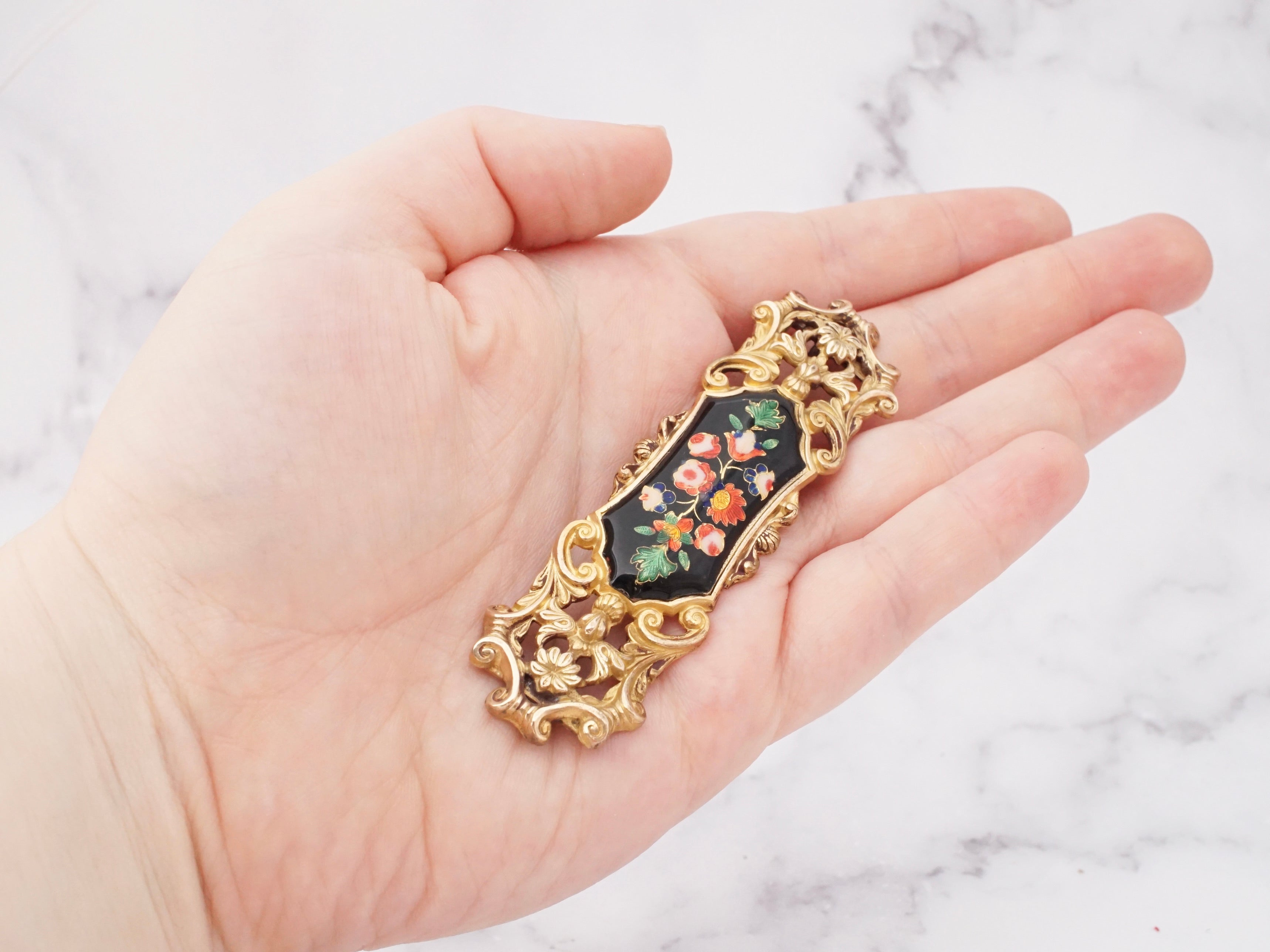 Large antique gilt and metallic cloisonne enamel plaque brooch