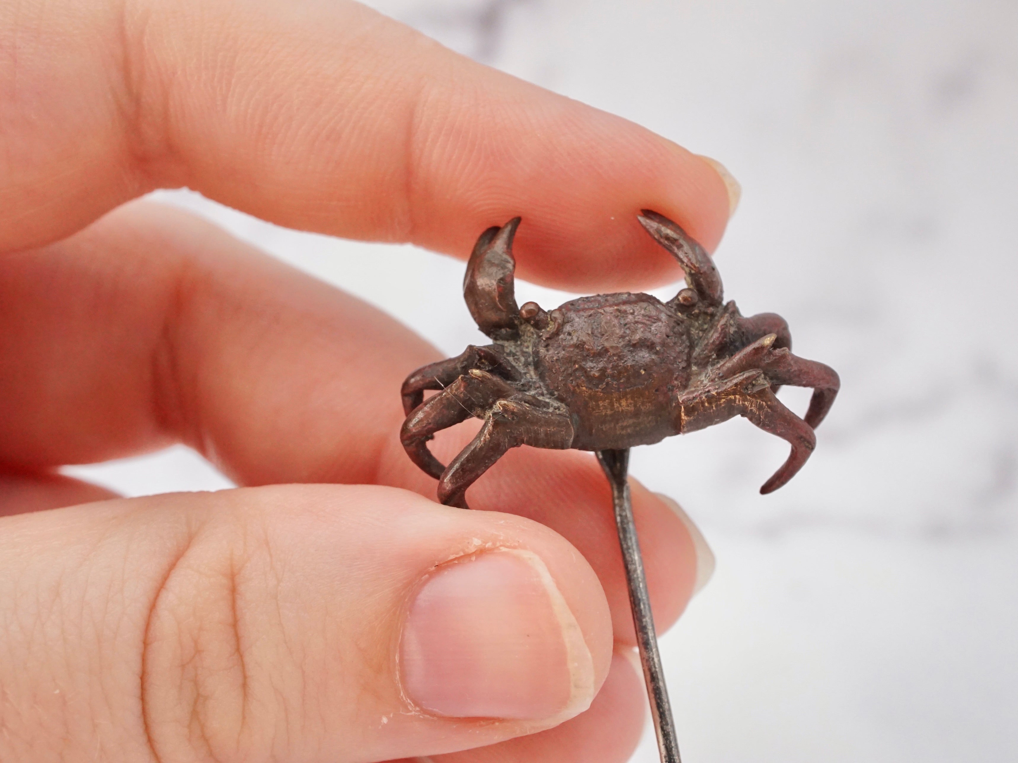 Vintage exceptional handmade cast bronze figural crab stick pin