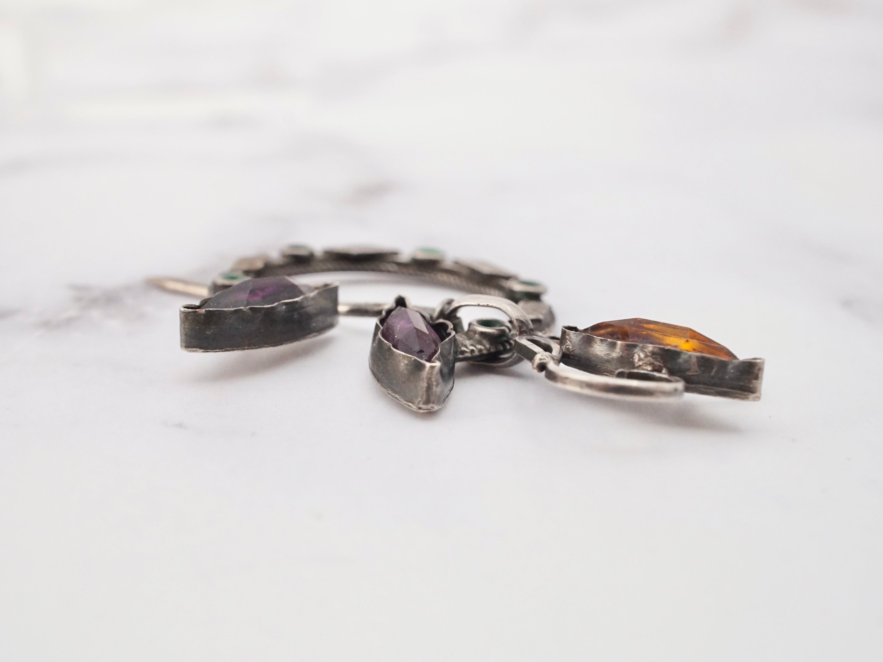 Antique Celtic silver, glass gem, and enamel penannular brooch/cloak pin