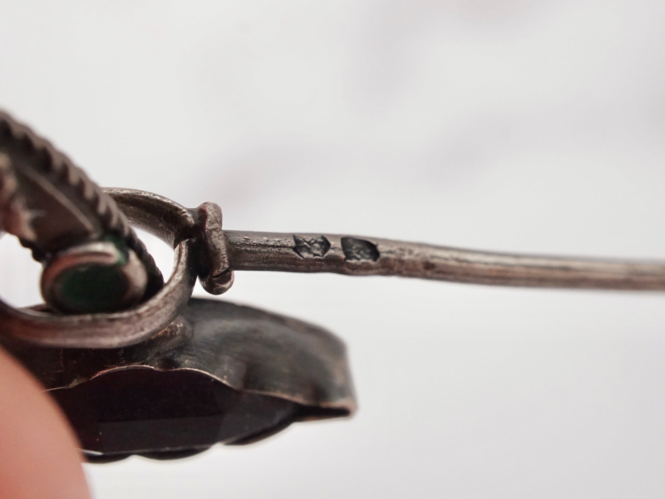 Antique Celtic silver, glass gem, and enamel penannular brooch/cloak pin