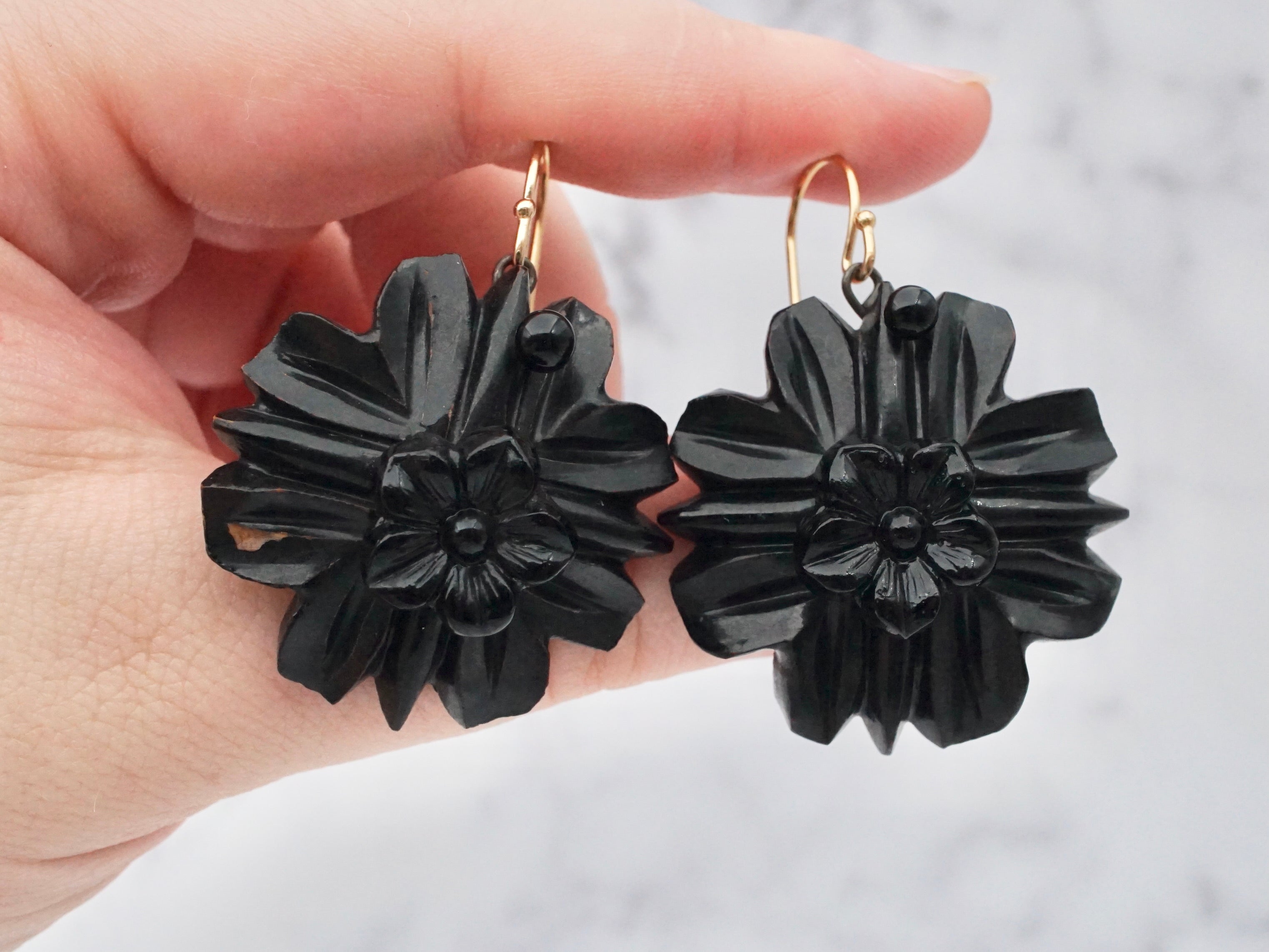 Antique Victorian black lacquered carved wood earrings