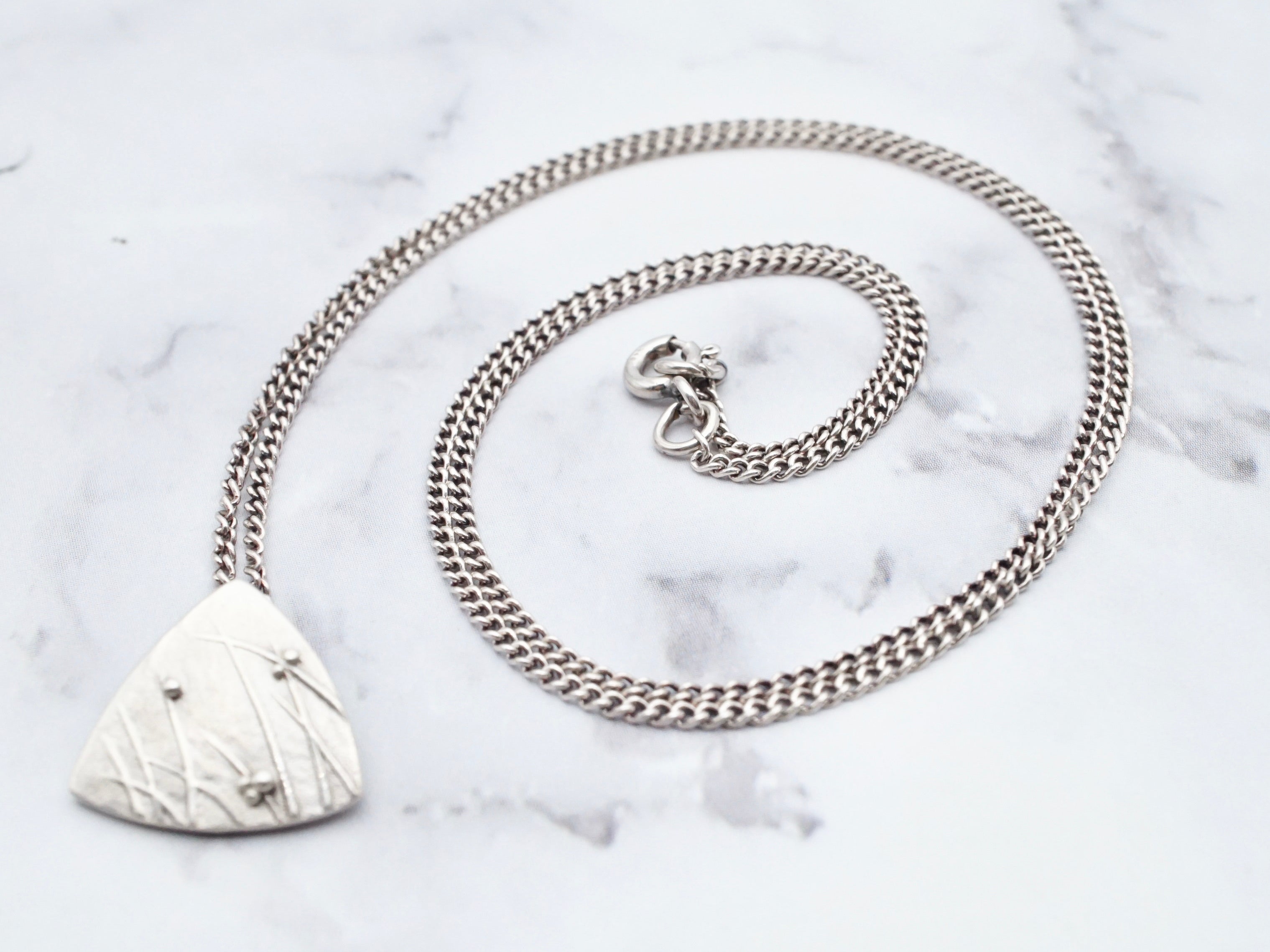 Vintage modern naturalist handmade sterling triangle pendant on sterling curb link chain, 18.5"