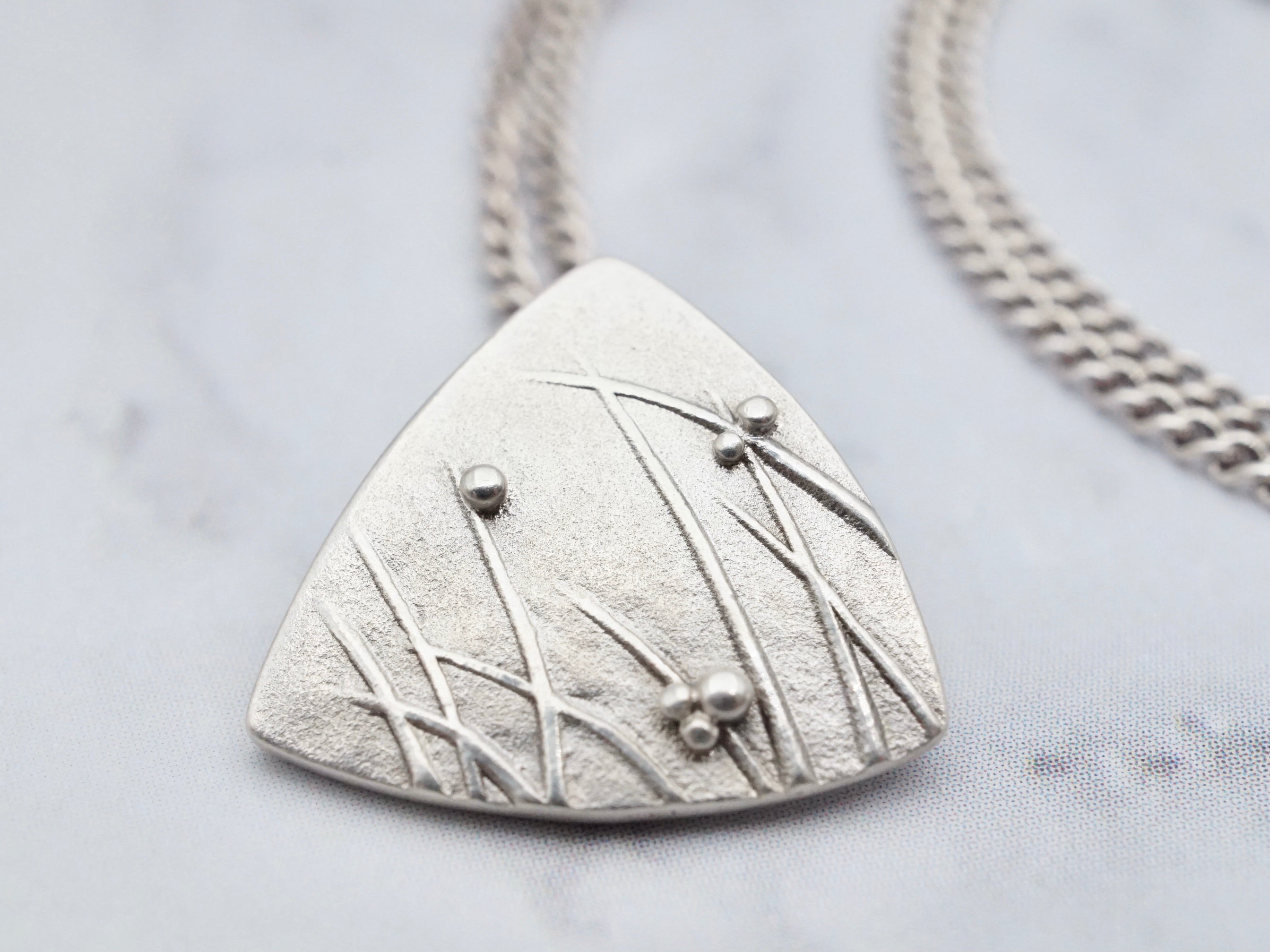 Vintage modern naturalist handmade sterling triangle pendant on sterling curb link chain, 18.5