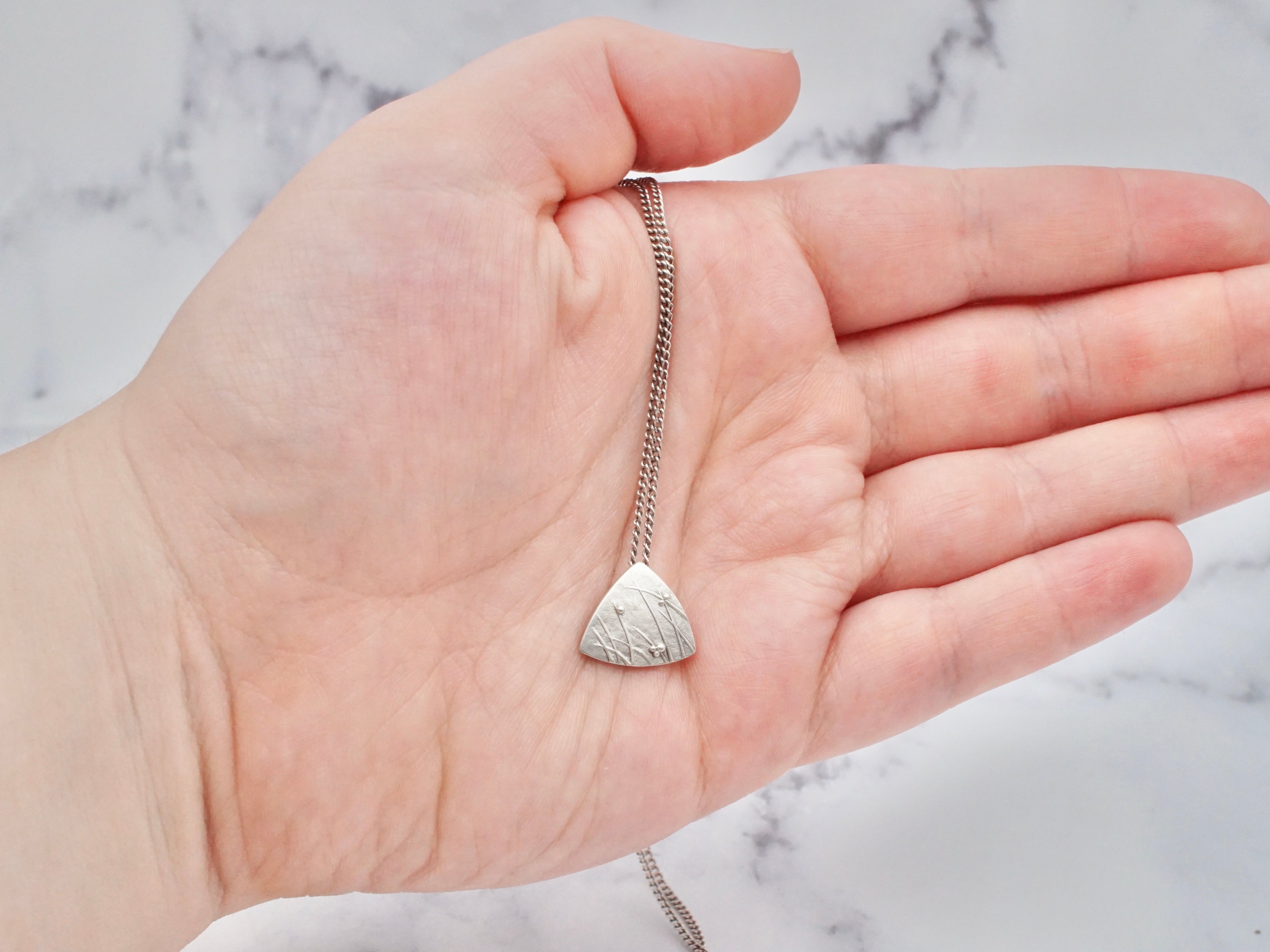 Vintage modern naturalist handmade sterling triangle pendant on sterling curb link chain, 18.5