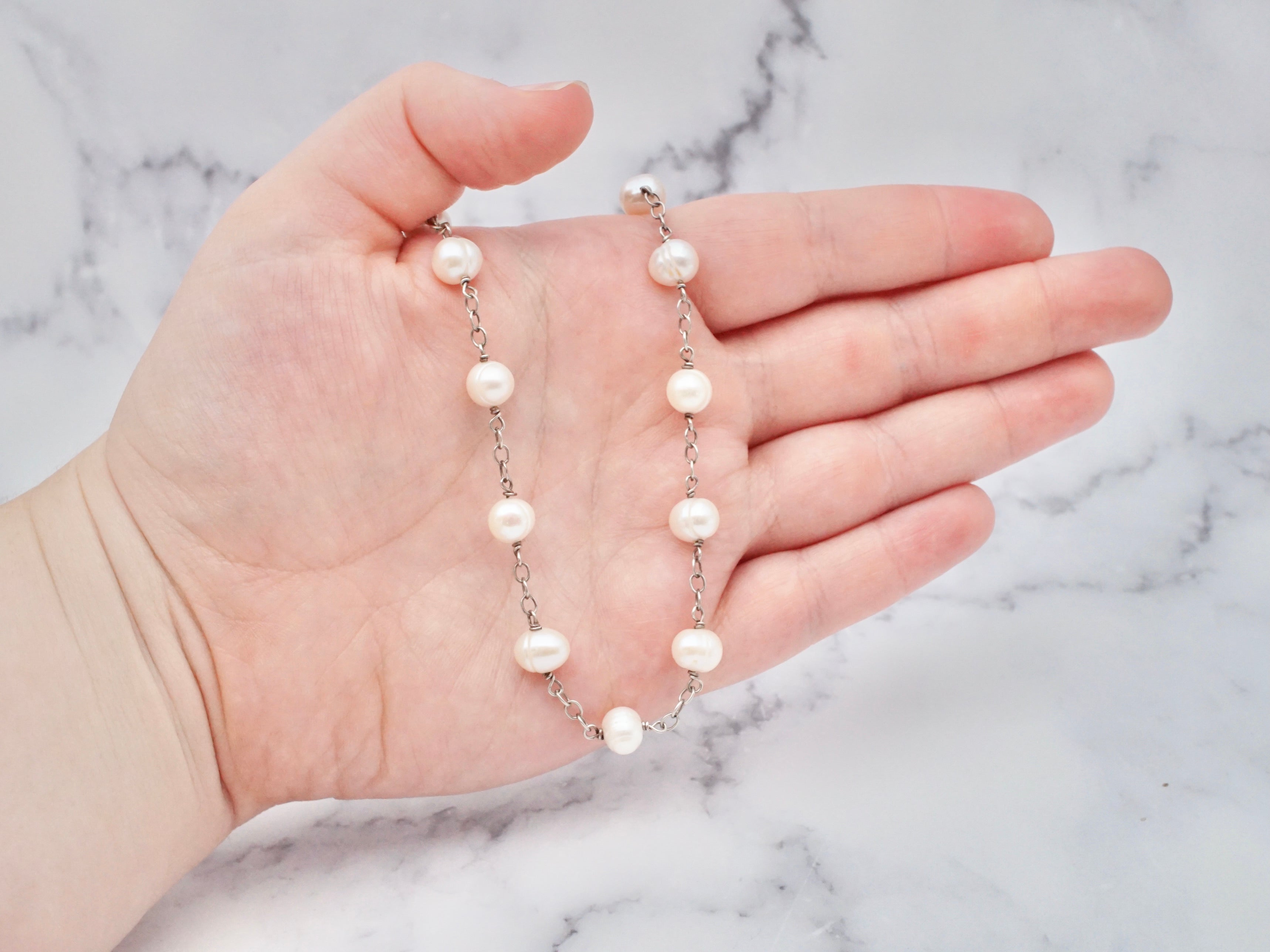 Vintage sterling cultured pearl station necklace, 16