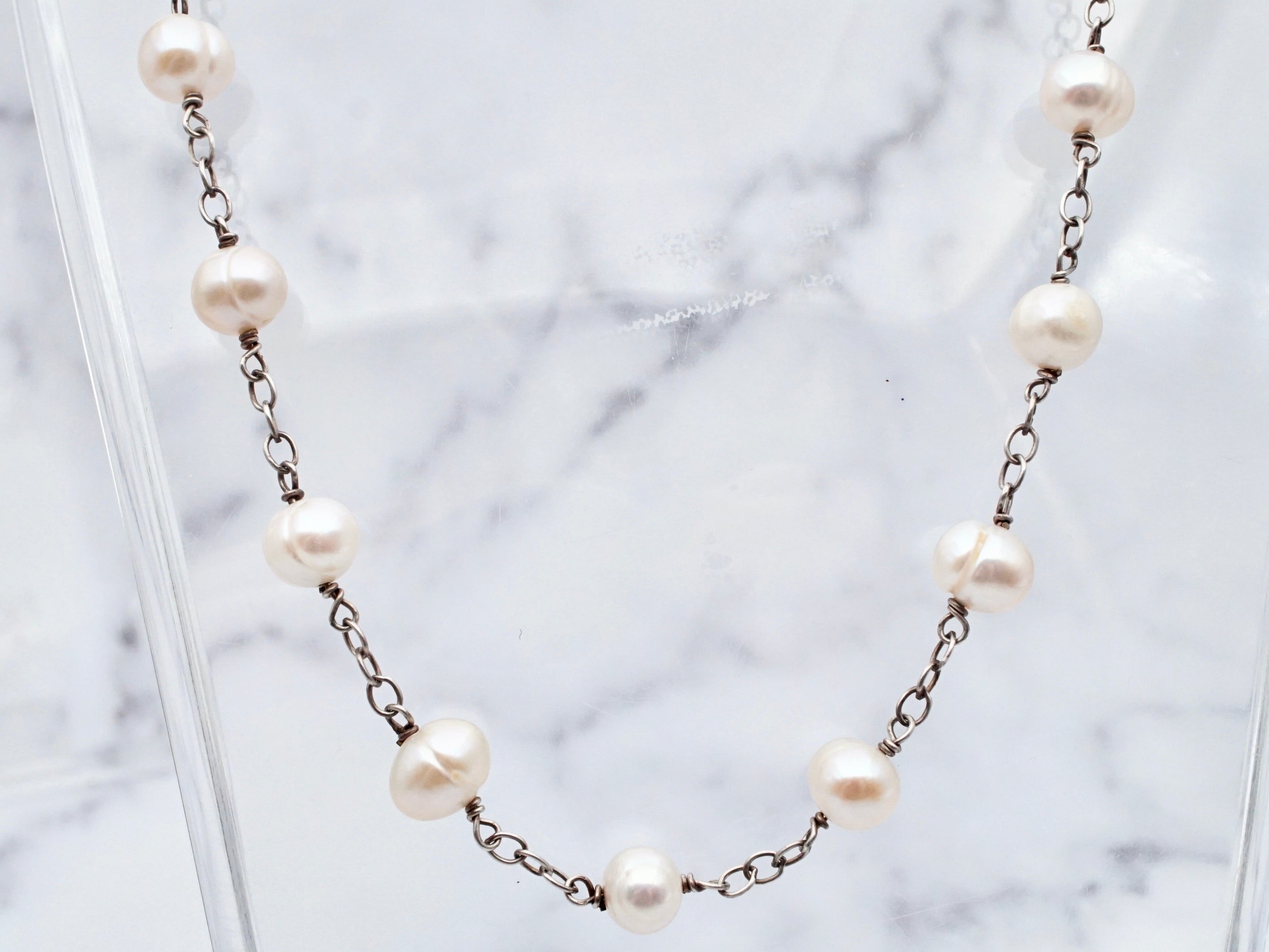 Vintage sterling cultured pearl station necklace, 16