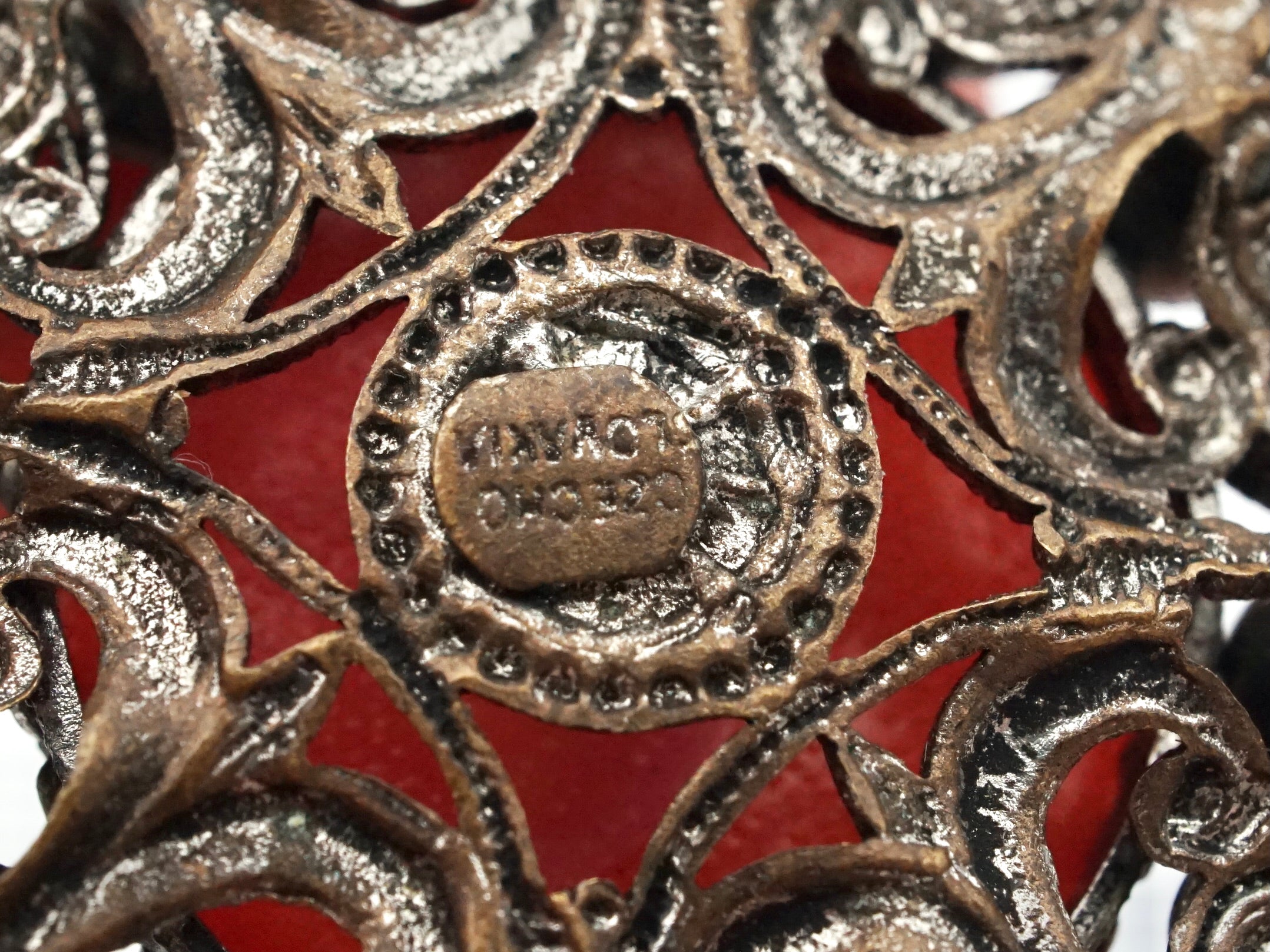 Antique Czech coral glass cabochon metal filigree brooch