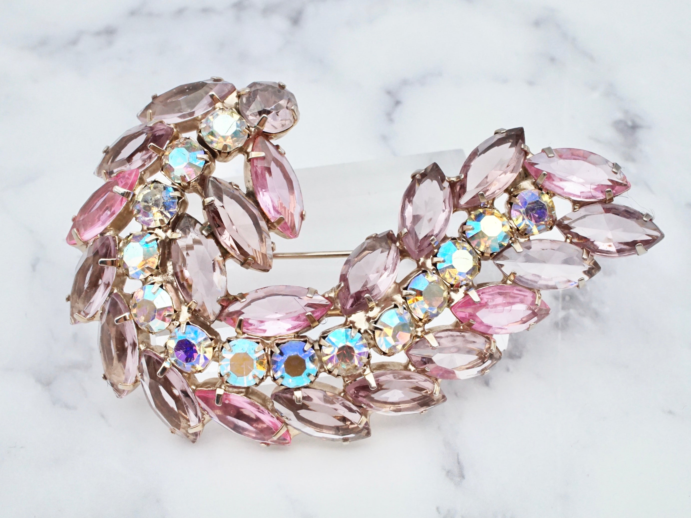 Vintage large lavender and abalone rhinestone open-back brooch