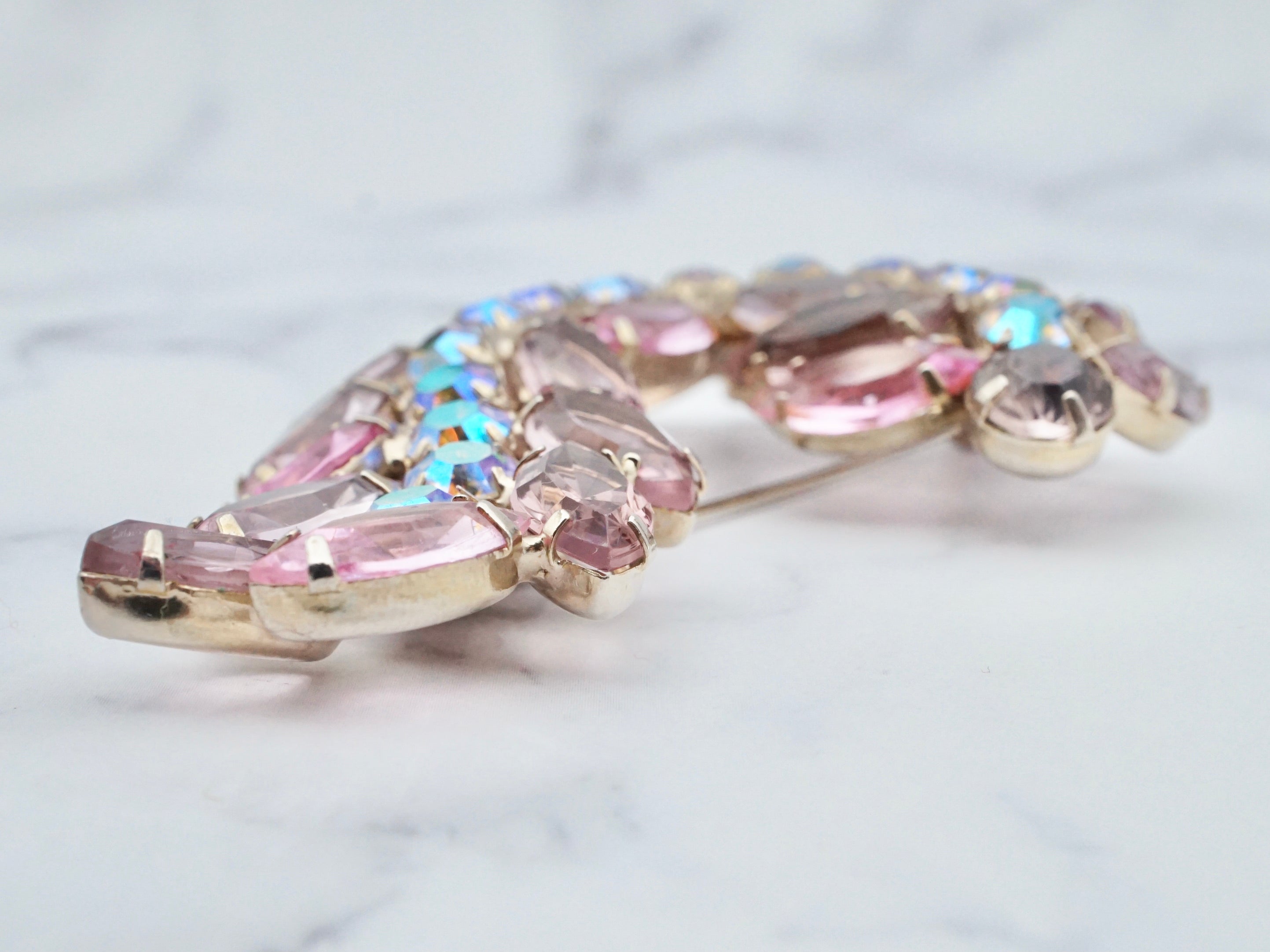 Vintage large lavender and abalone rhinestone open-back brooch