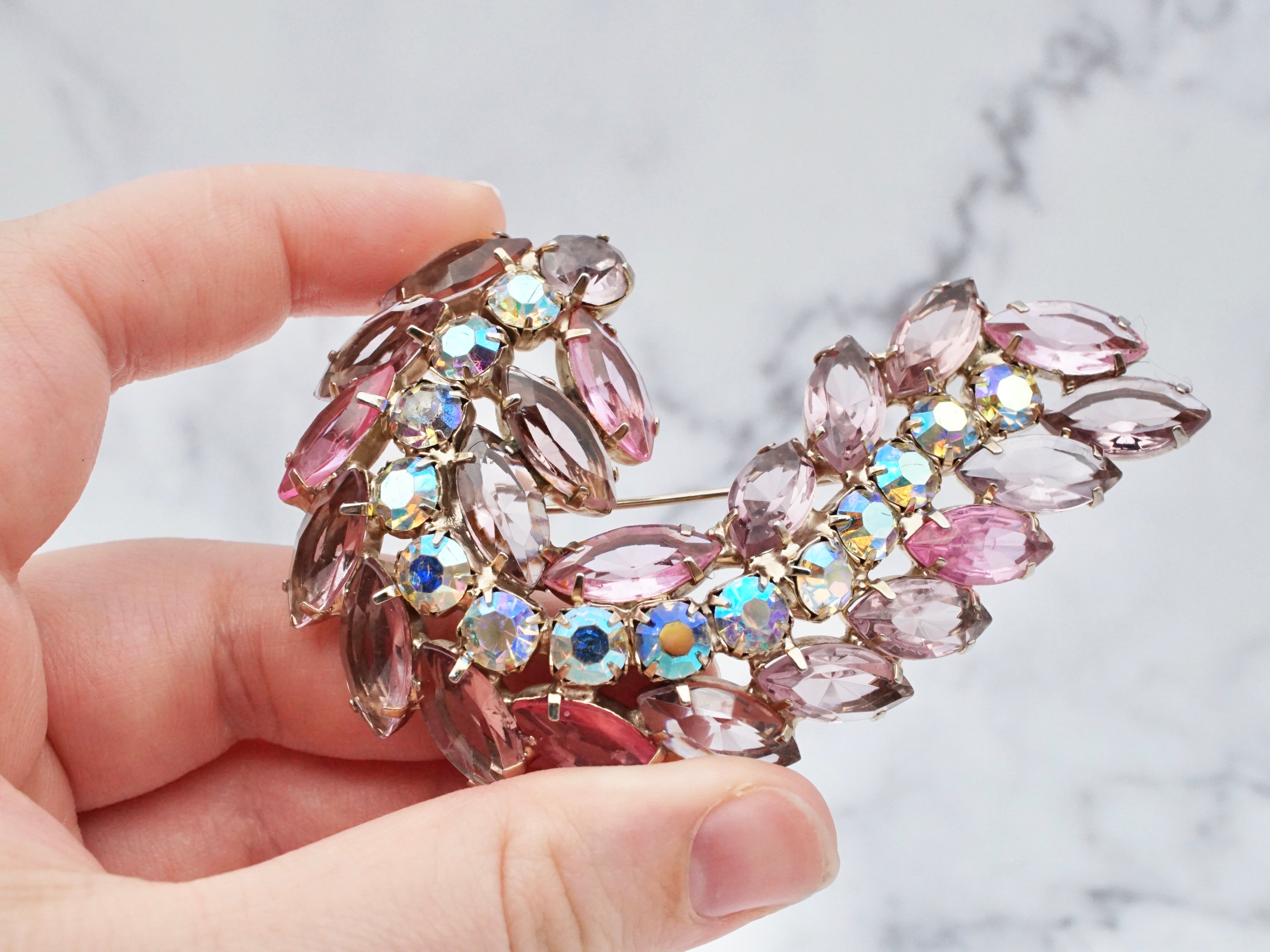 Vintage large lavender and abalone rhinestone open-back brooch