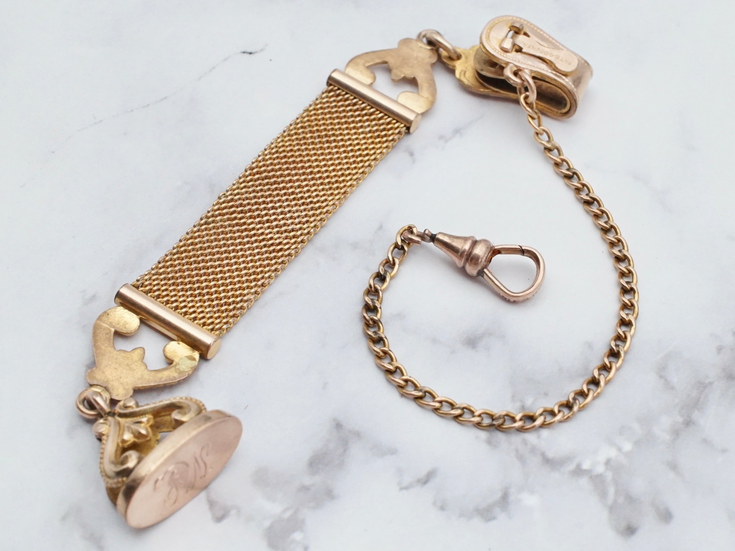 Antique Victorian monogrammed gold filled drop mesh watch fob and chain with dog clip