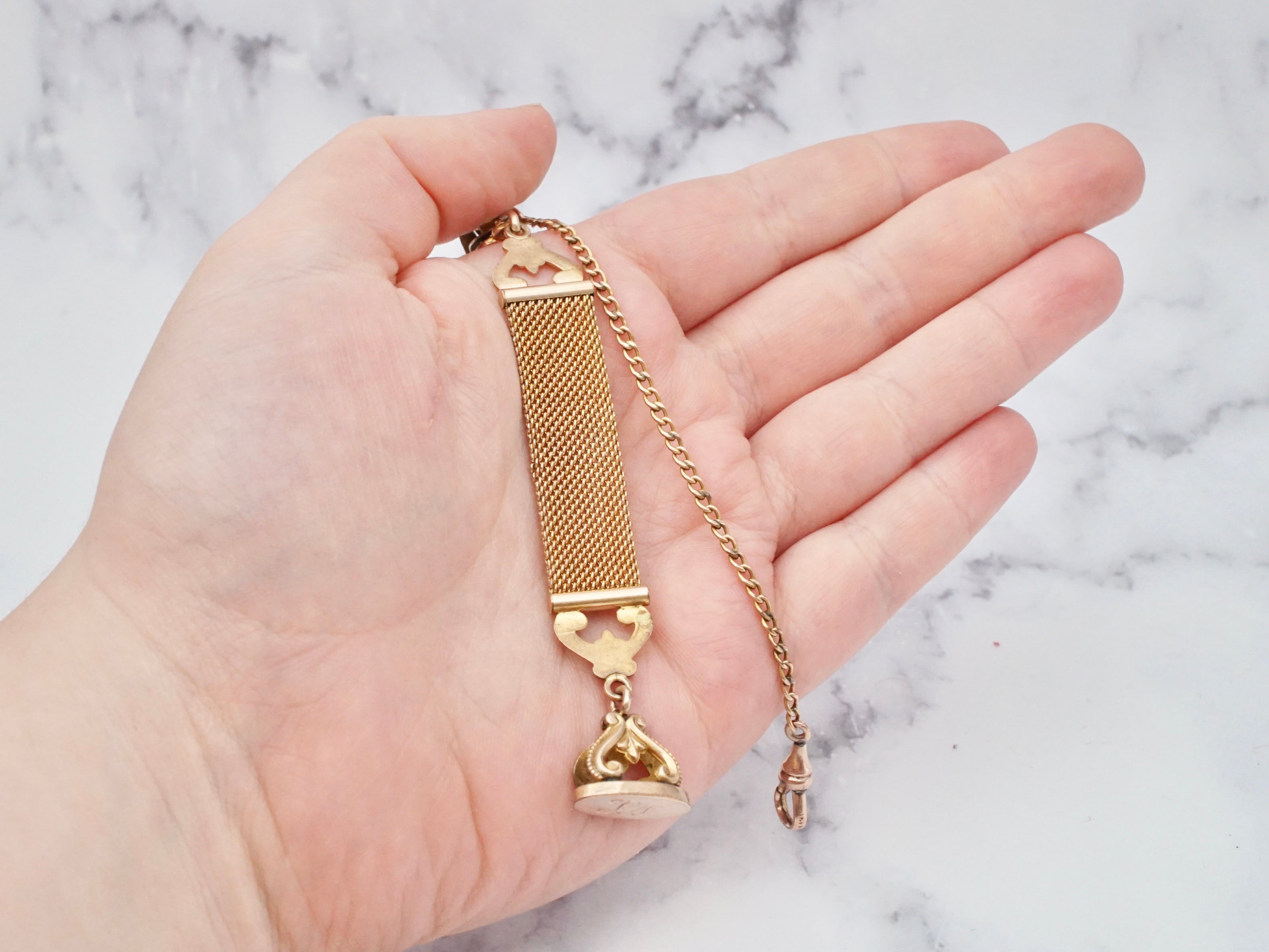 Antique Victorian monogrammed gold filled drop mesh watch fob and chain with dog clip