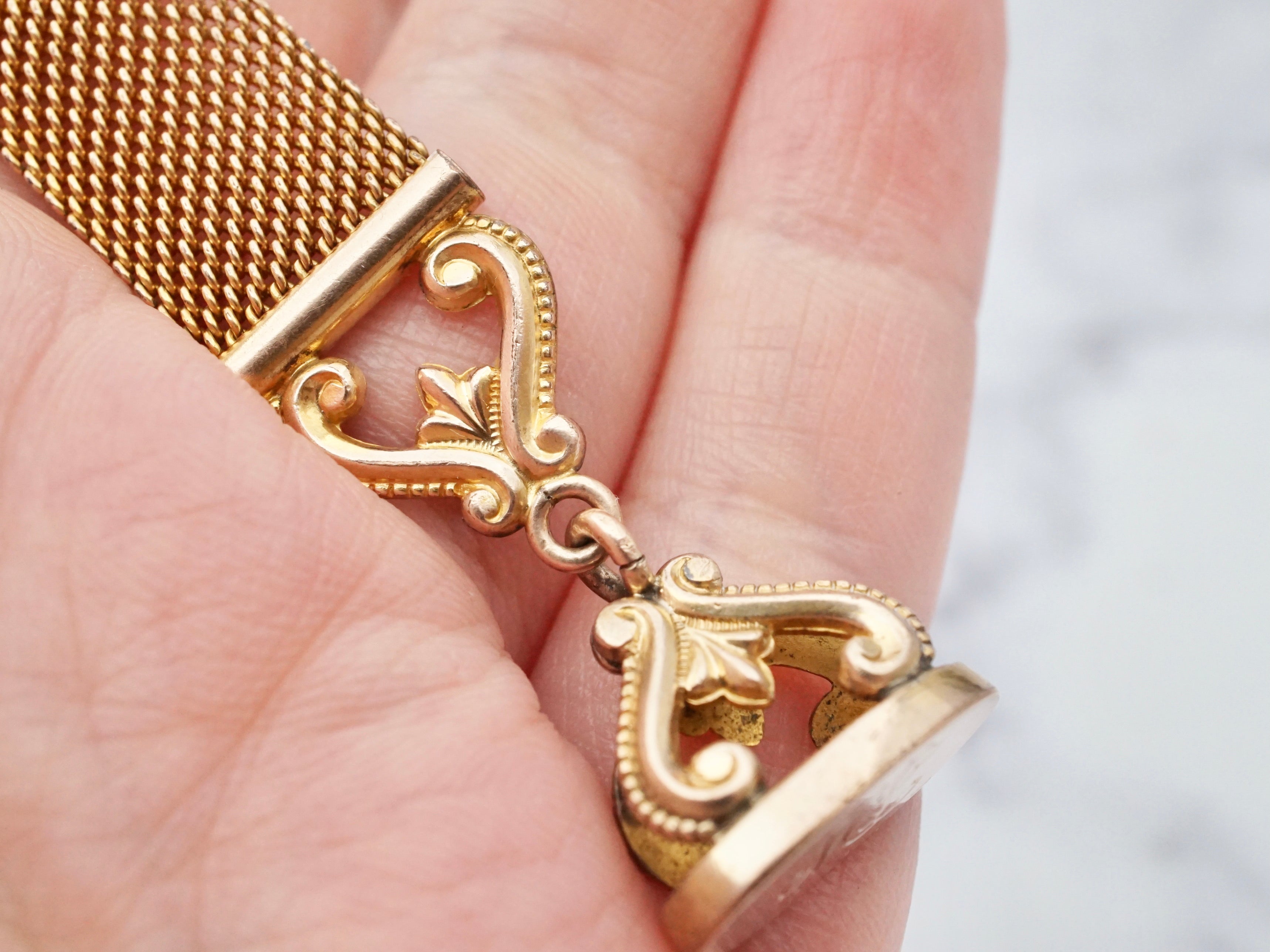 Antique Victorian monogrammed gold filled drop mesh watch fob and chain with dog clip