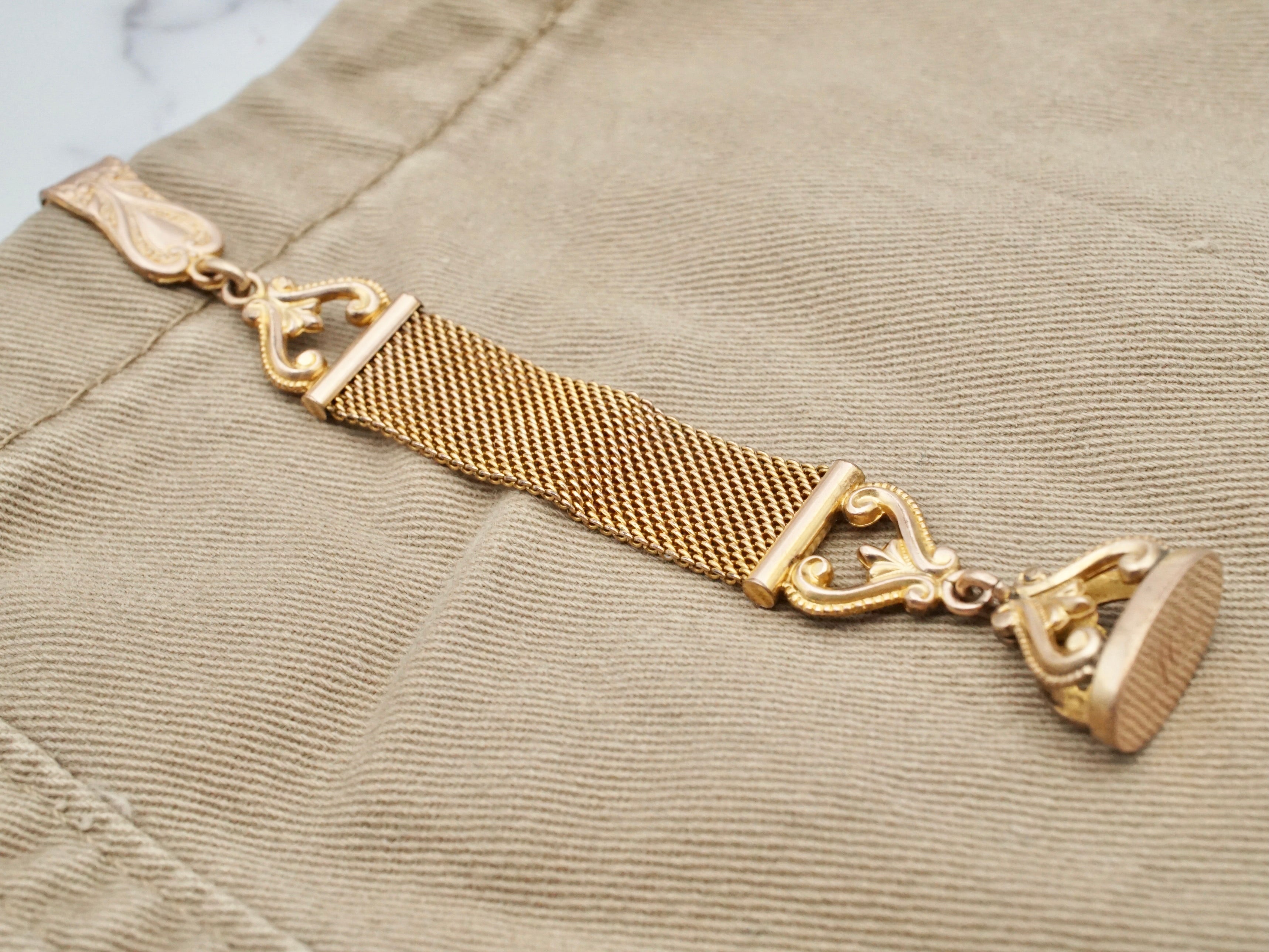 Antique Victorian monogrammed gold filled drop mesh watch fob and chain with dog clip