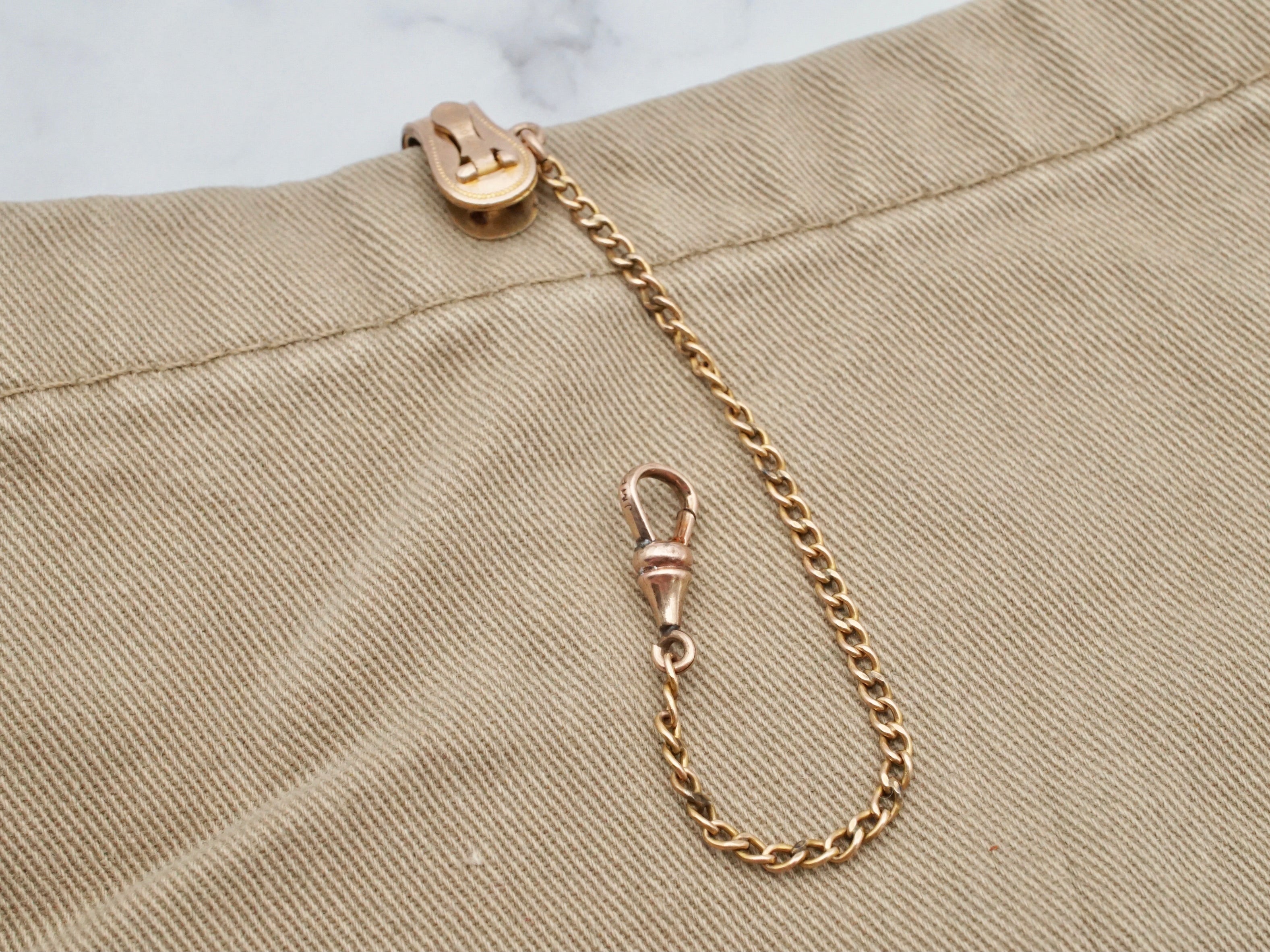 Antique Victorian monogrammed gold filled drop mesh watch fob and chain with dog clip