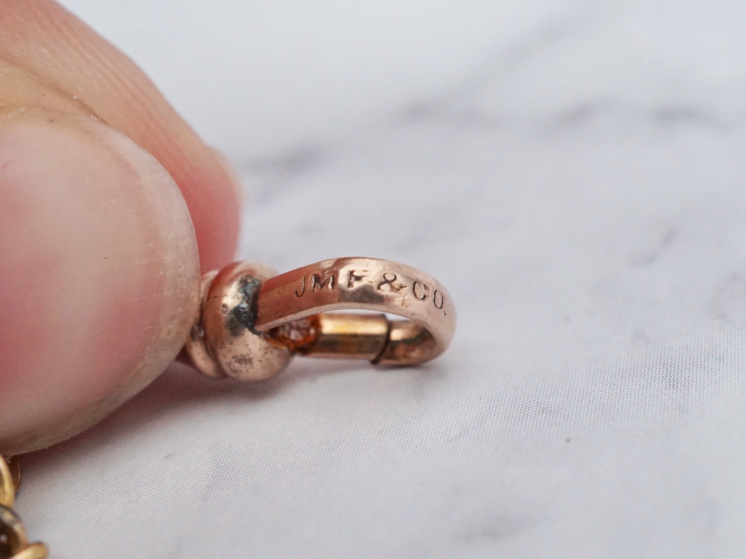 Antique Victorian monogrammed gold filled drop mesh watch fob and chain with dog clip