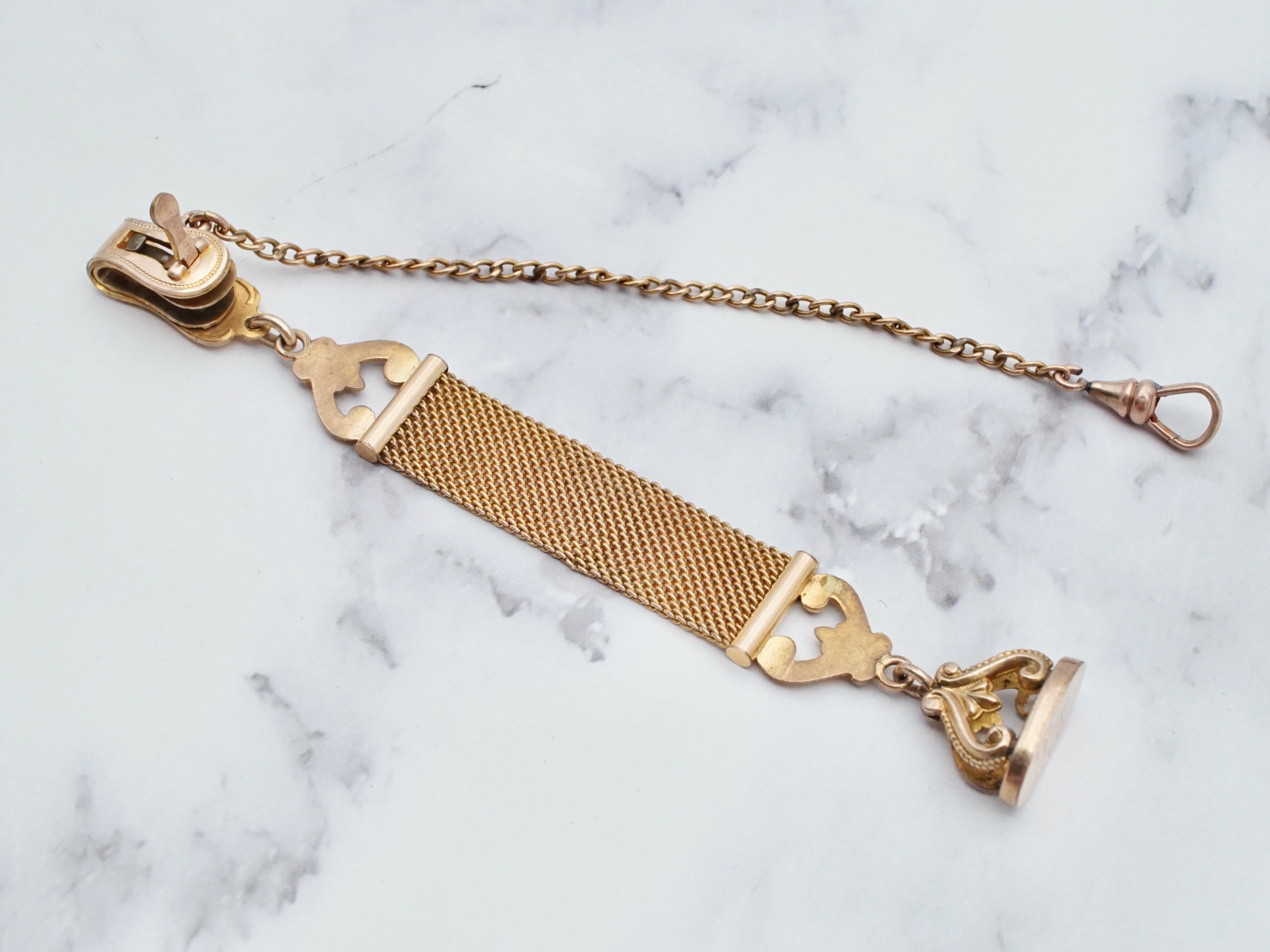 Antique Victorian monogrammed gold filled drop mesh watch fob and chain with dog clip