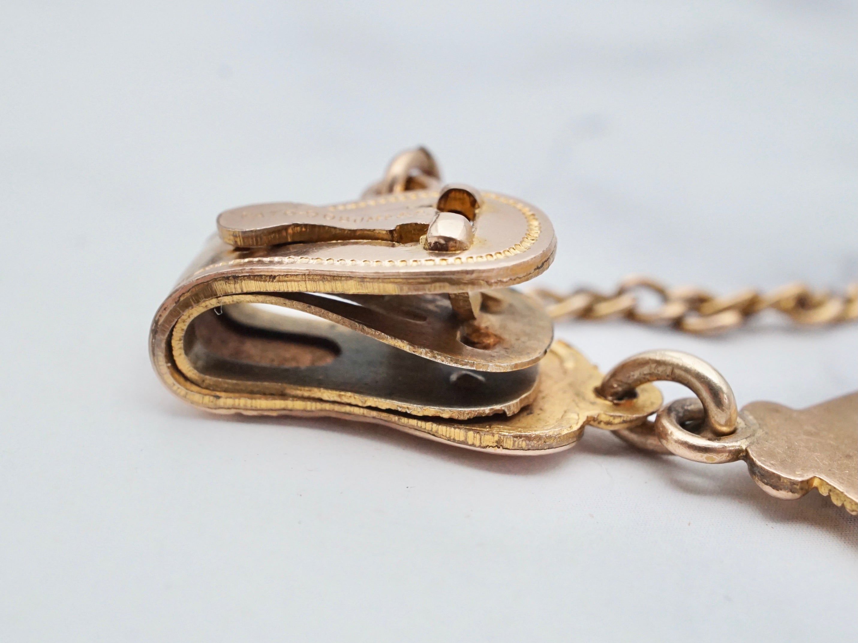 Antique Victorian monogrammed gold filled drop mesh watch fob and chain with dog clip