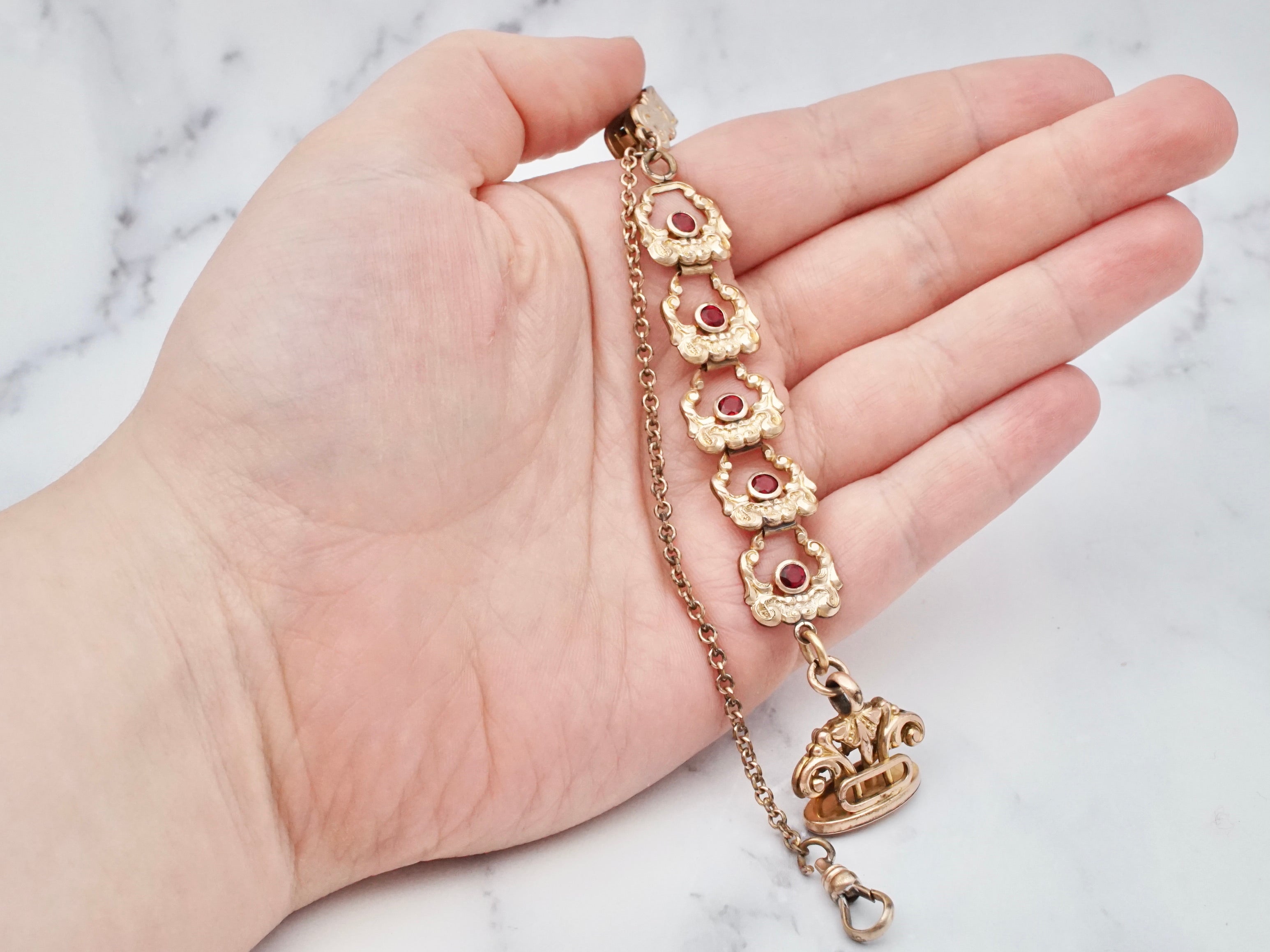 Antique Victorian gold filled long drop watch fob and chain with ruby paste and dog clip