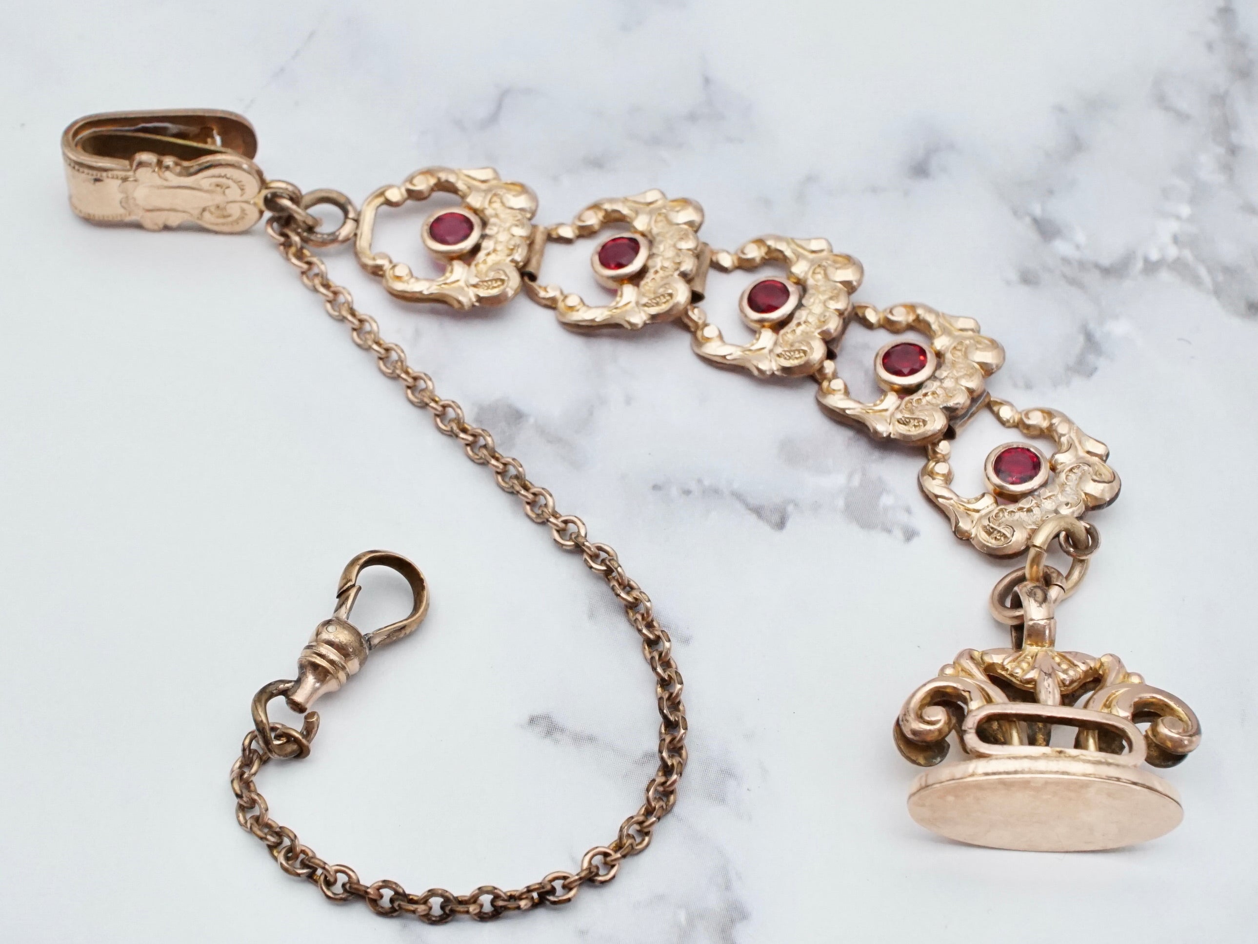 Antique Victorian gold filled long drop watch fob and chain with ruby paste and dog clip