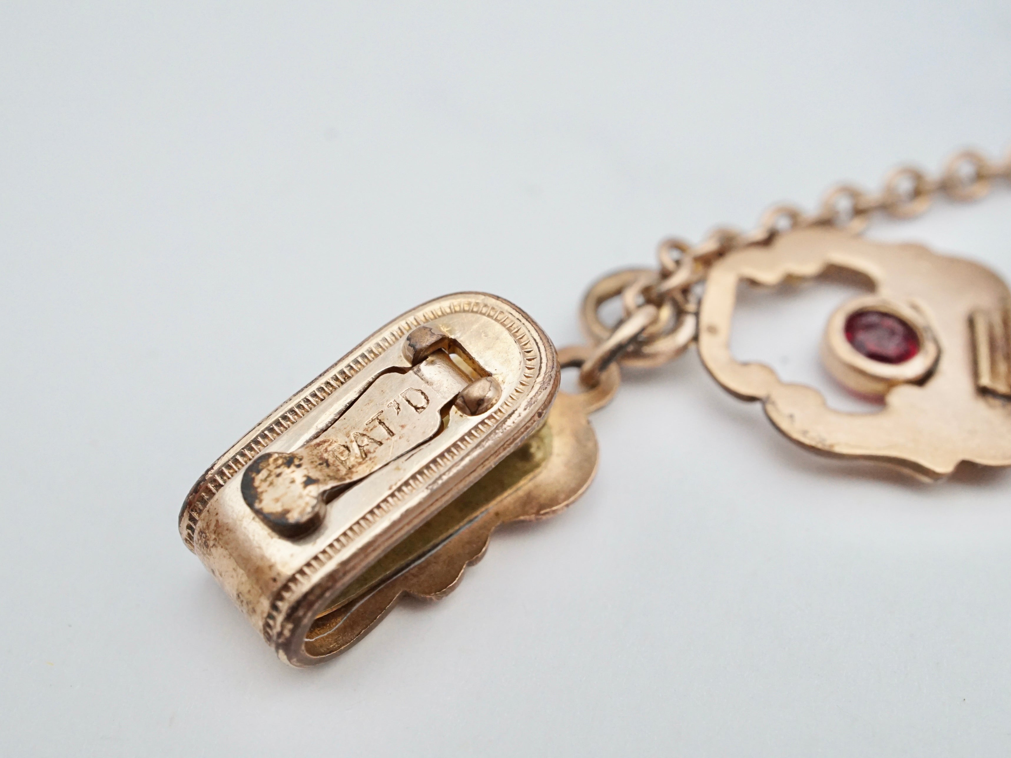 Antique Victorian gold filled long drop watch fob and chain with ruby paste and dog clip