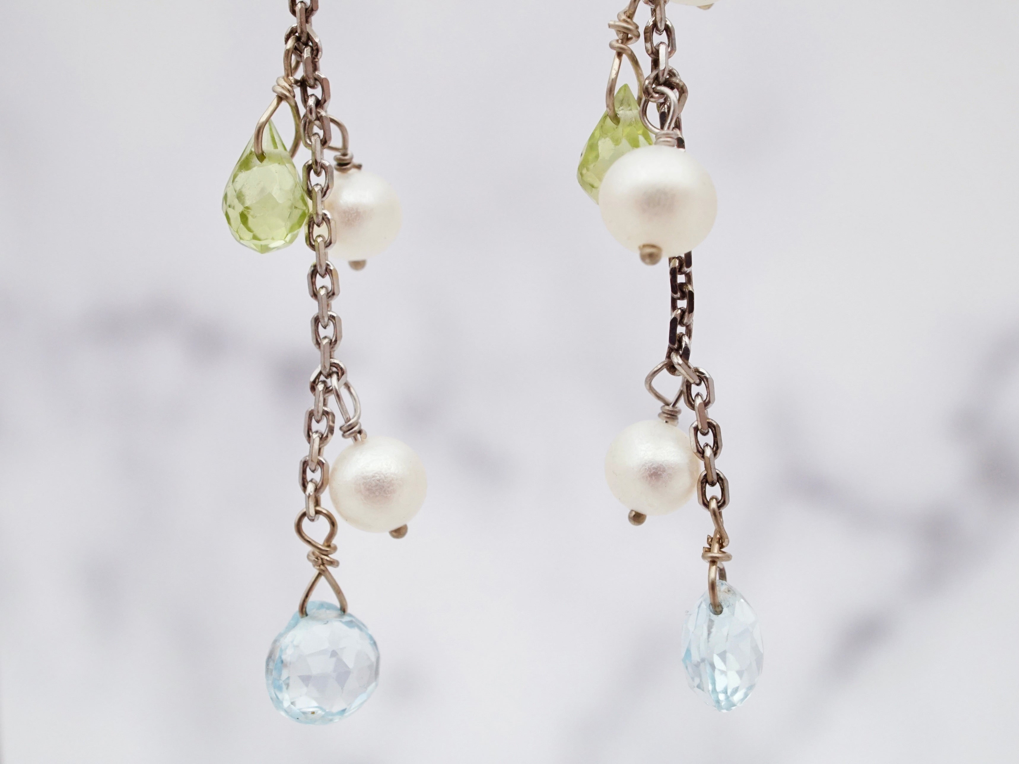 Vintage 14k white gold, cultured pearl, faceted peridot, and blue topaz drop chain earrings