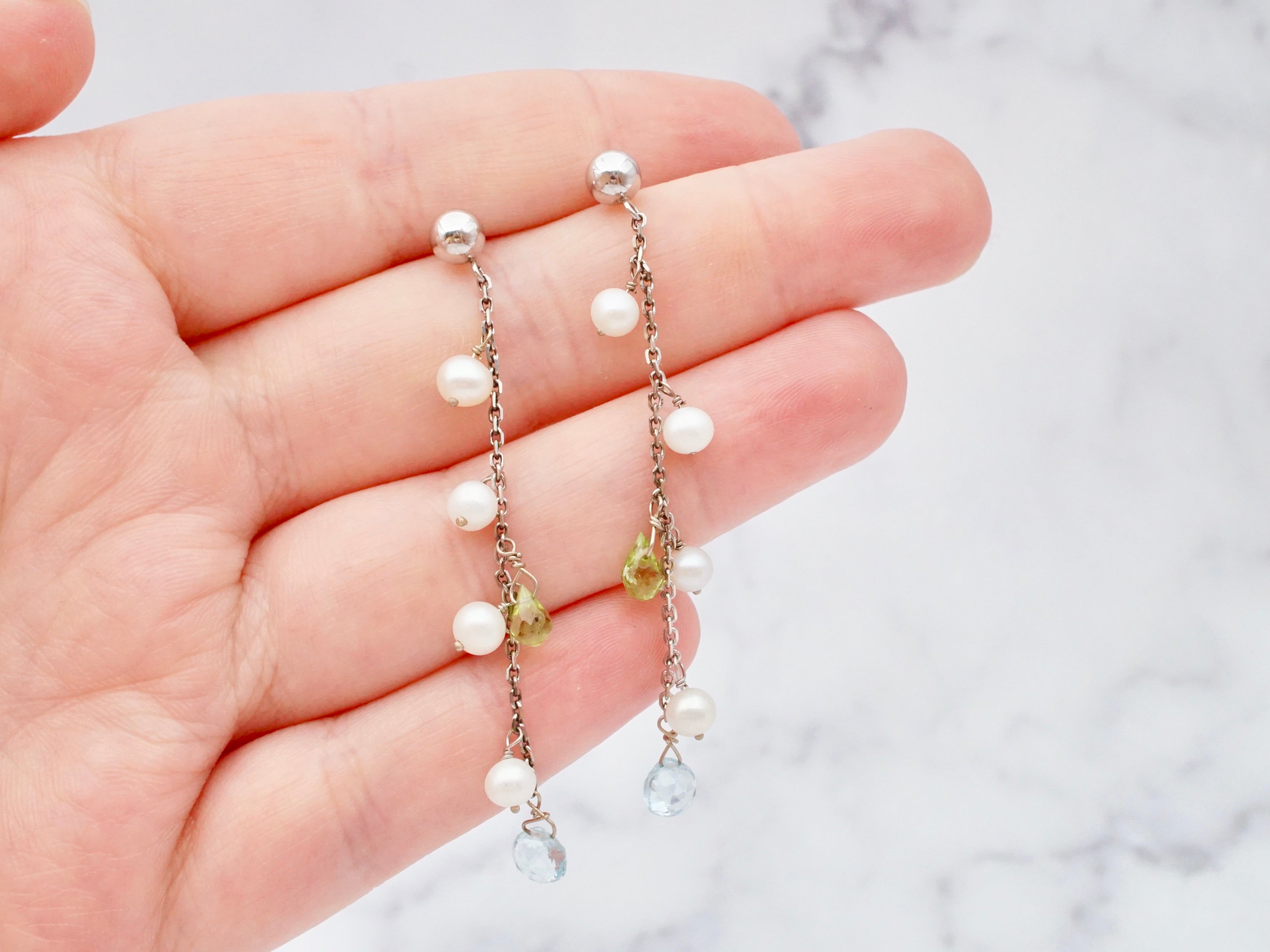 Vintage 14k white gold, cultured pearl, faceted peridot, and blue topaz drop chain earrings