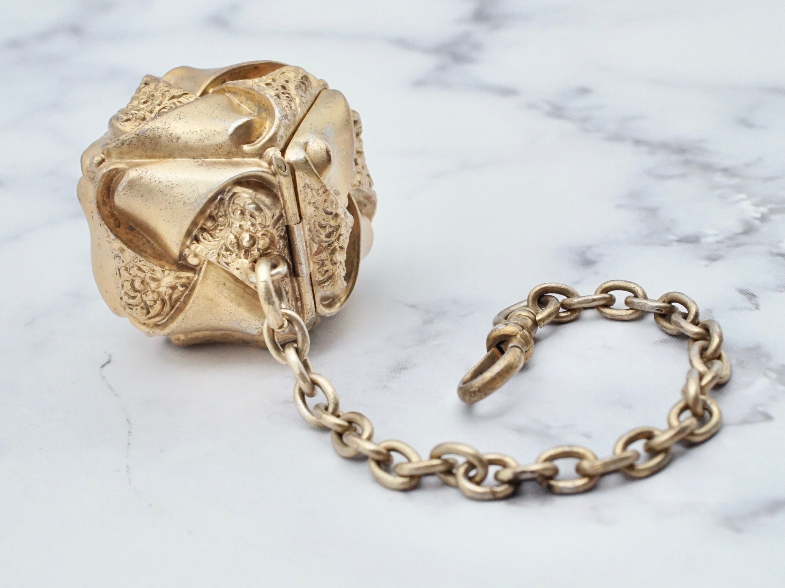 Antique Victorian gilt sterling intricate cube box fob with dog clip