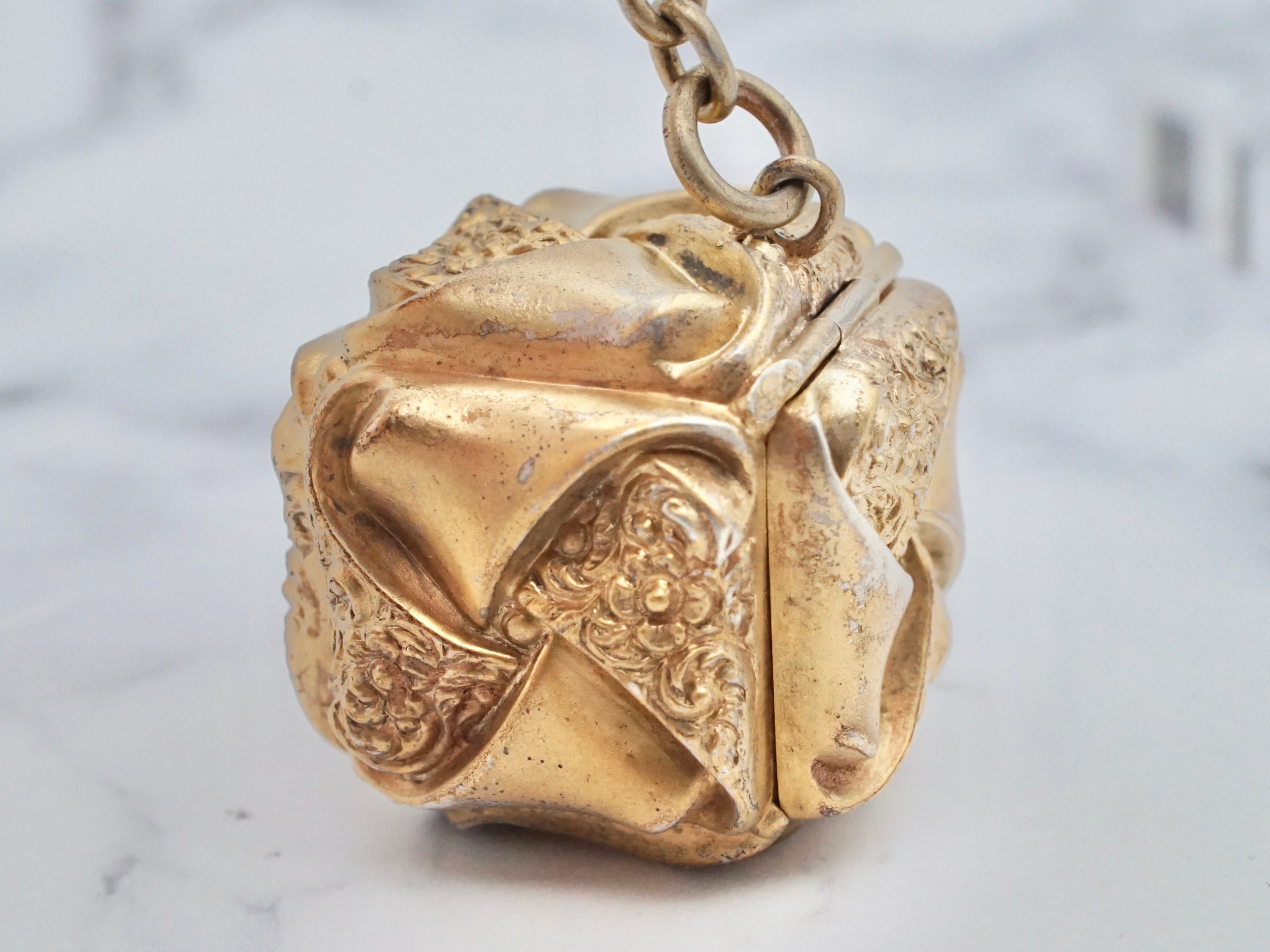 Antique Victorian gilt sterling intricate cube box fob with dog clip
