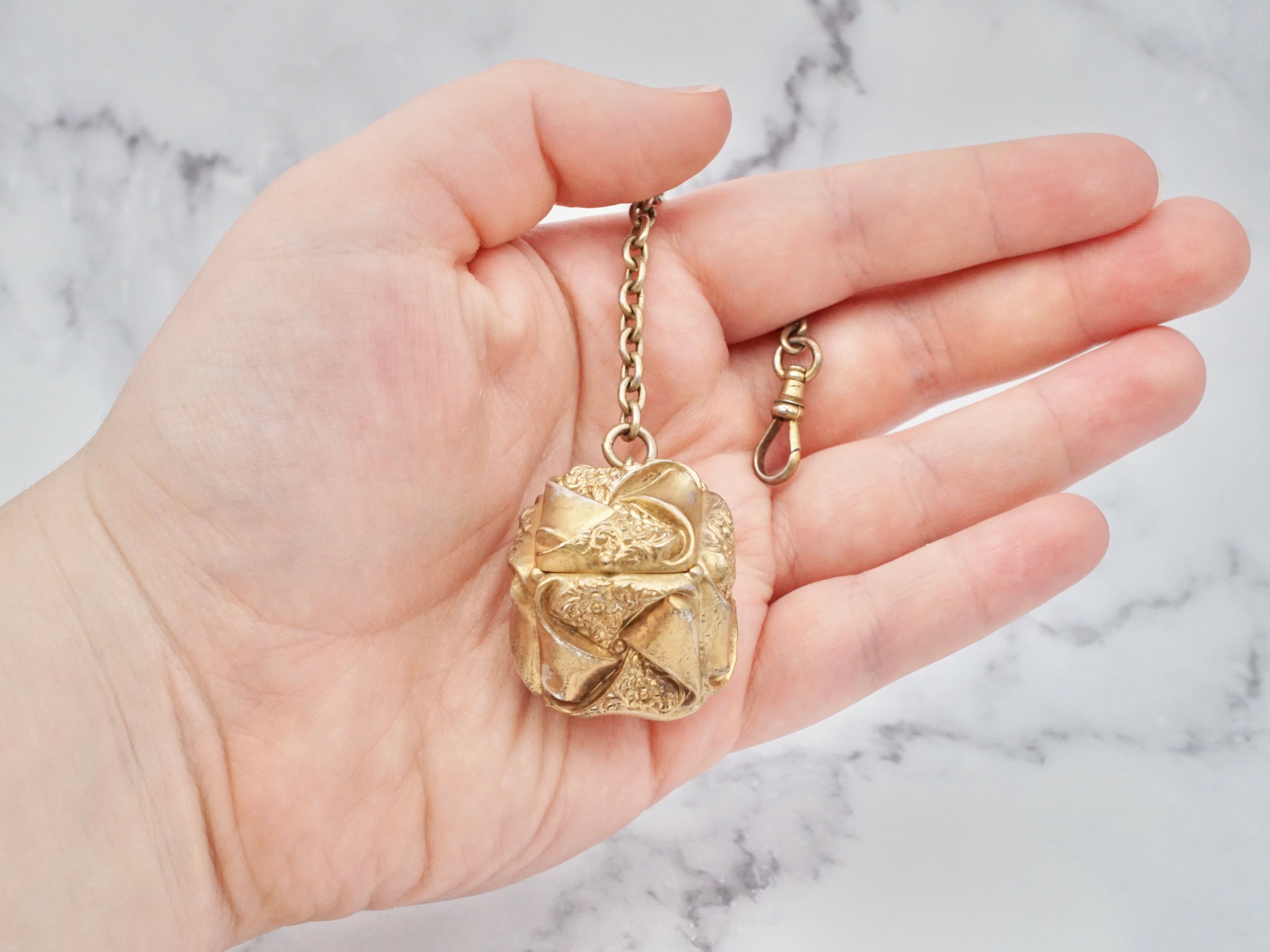 Antique Victorian gilt sterling intricate cube box fob with dog clip