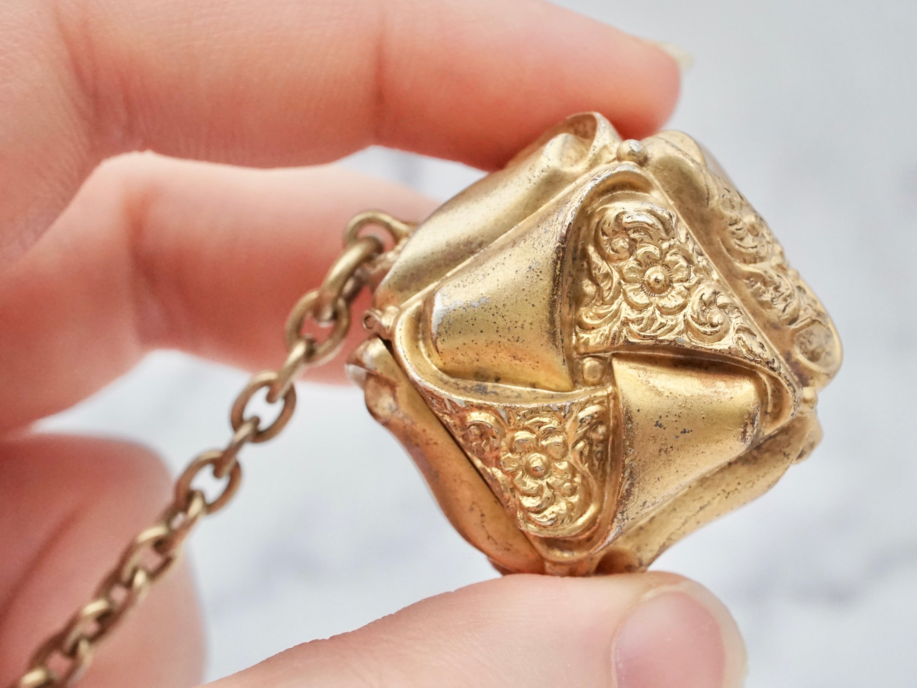 Antique Victorian gilt sterling intricate cube box fob with dog clip