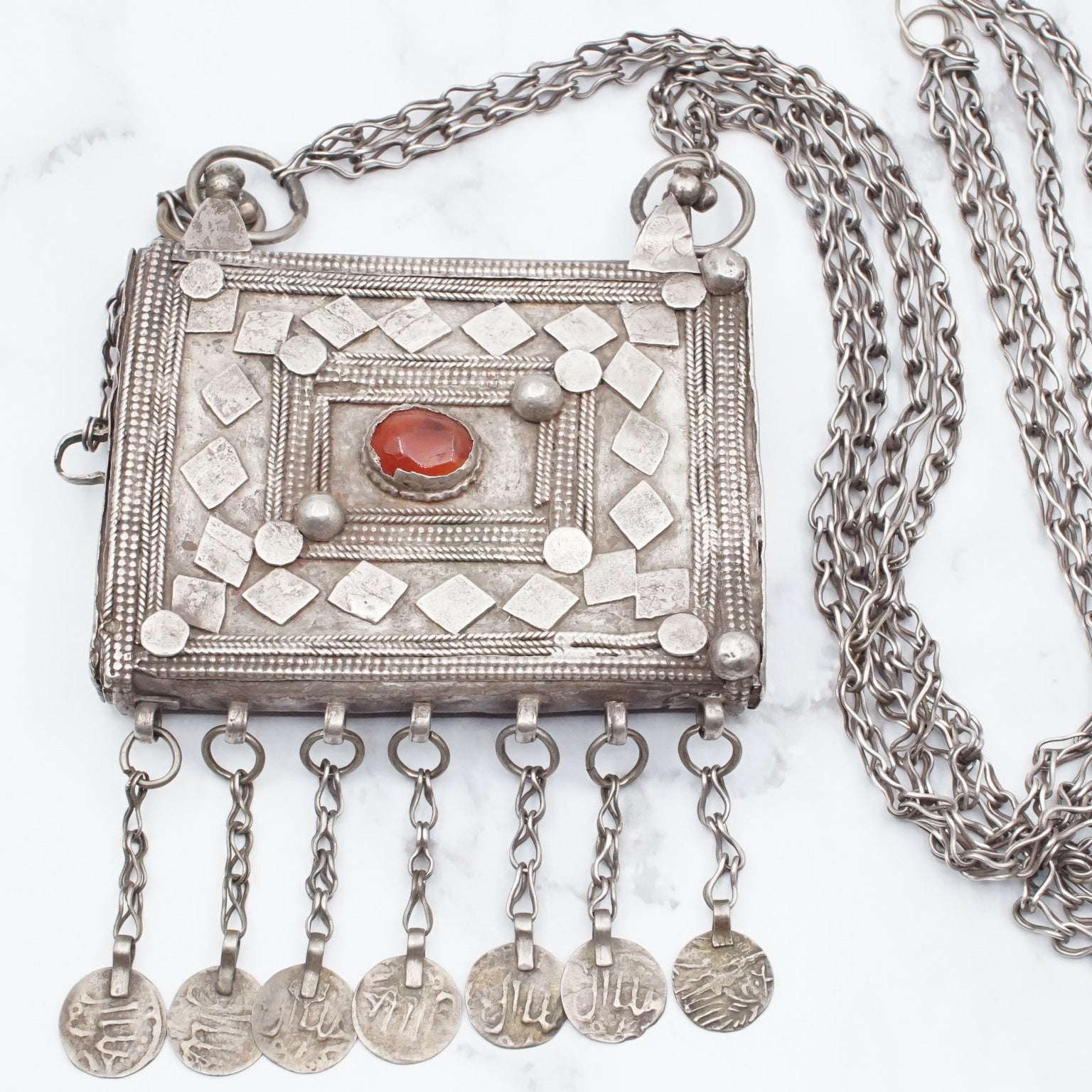 Antique Bedouin silver prayer box necklace with carnelian