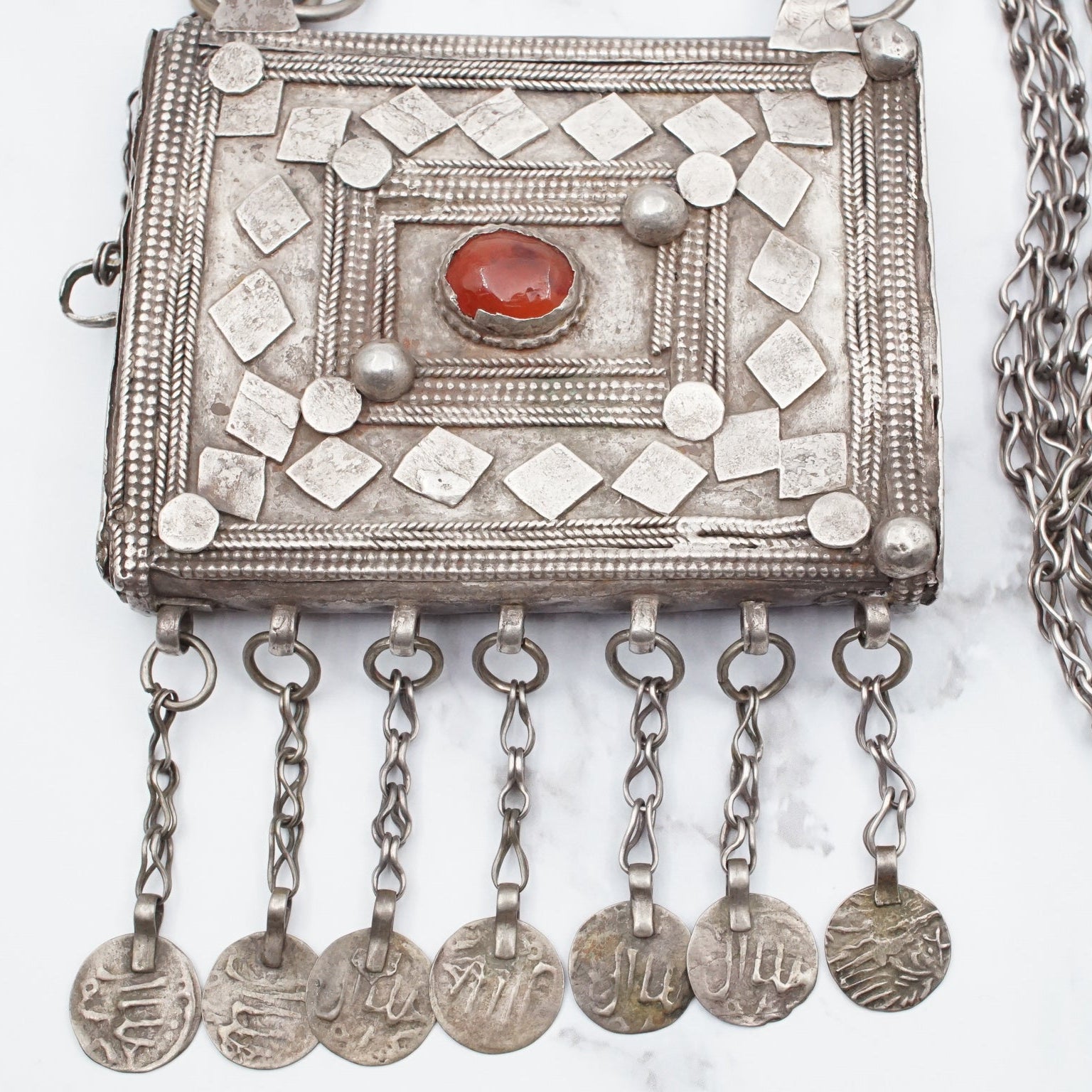 Antique Bedouin silver prayer box necklace with carnelian