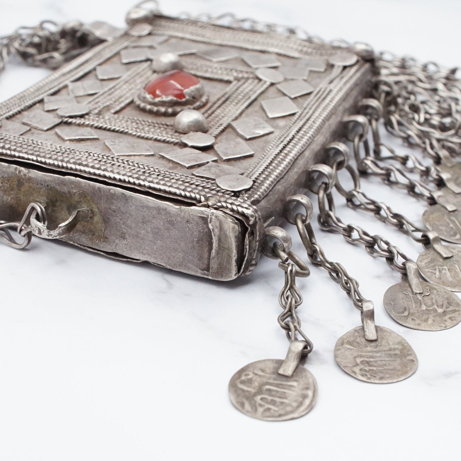 Antique Bedouin silver prayer box necklace with carnelian