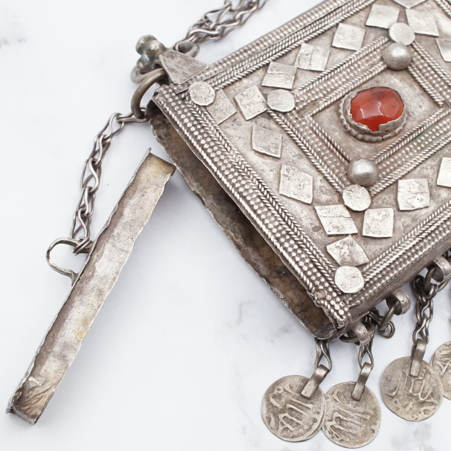Antique Bedouin silver prayer box necklace with carnelian