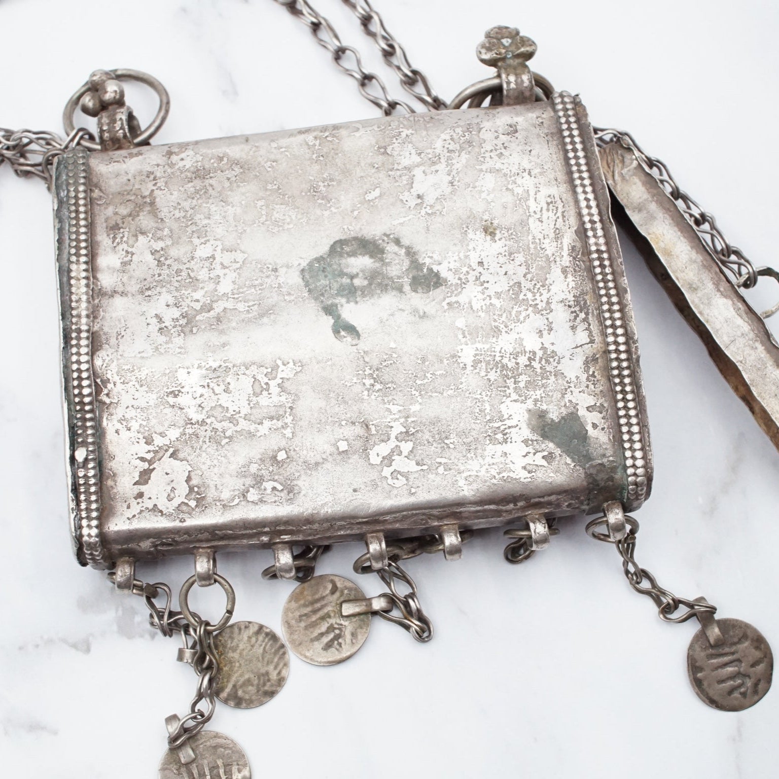 Antique Bedouin silver prayer box necklace with carnelian